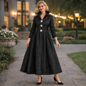 Vintage Black Moire Taffeta Gown 1950s