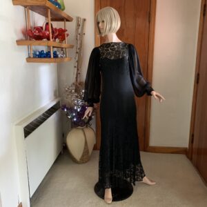 Late 1930s Black Chiffon & Lace Illusion Evening Gown with Bishop Sleeves