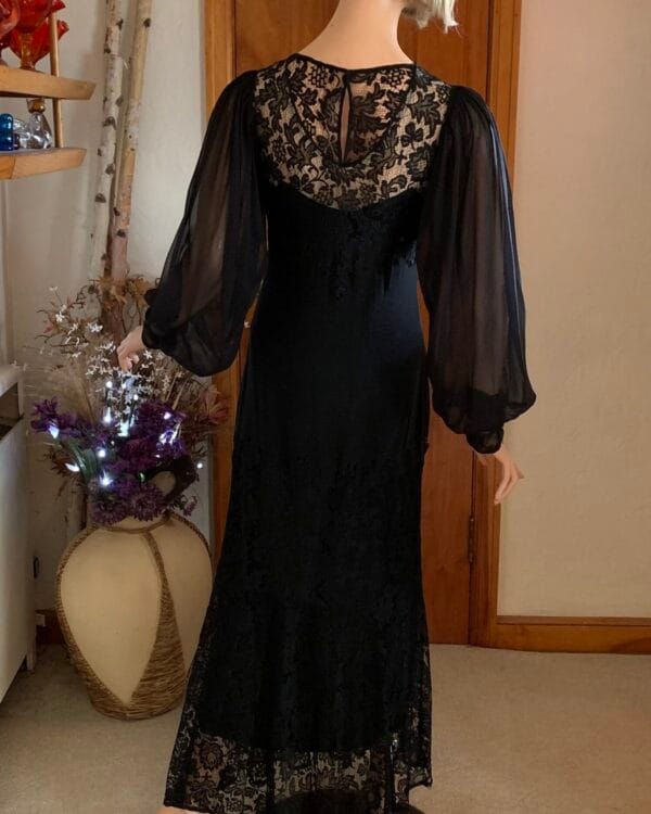 Late 1930s Black Chiffon & Lace Illusion Evening Gown with Bishop ...