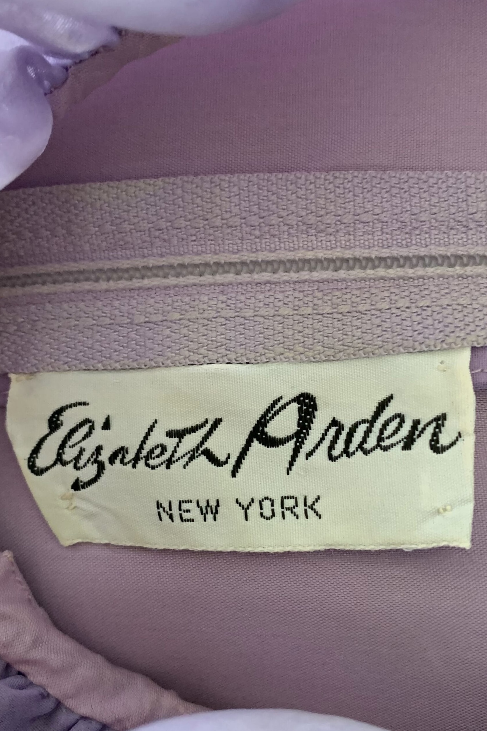 Original vintage Elizabeth Arden New York designer label sewn inside a lavender hand-painted maxi dress.