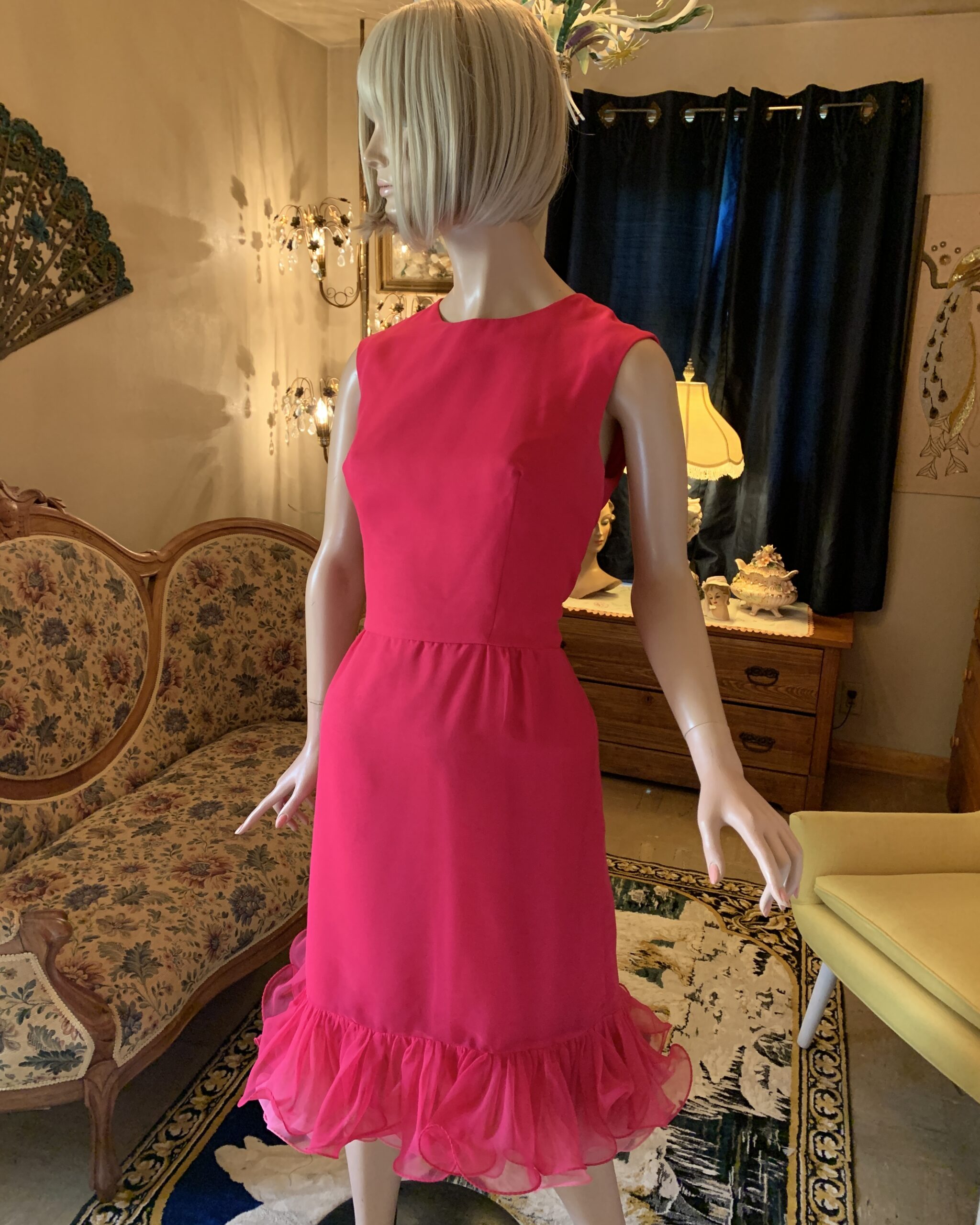 Miss Elliette hot pink sleeveless cocktail dress without scarf, showing clean silhouette and ruffled hem