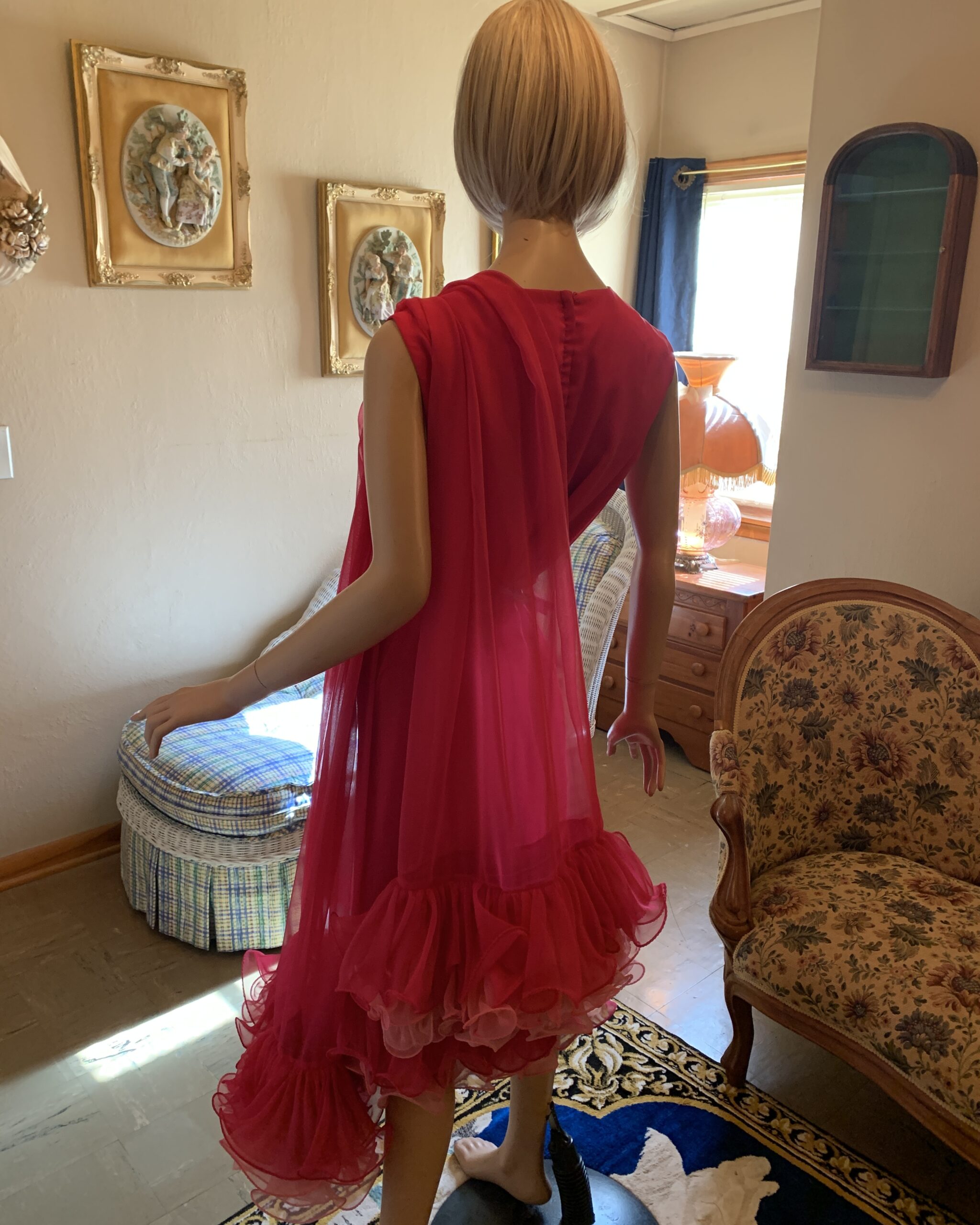 Miss Elliette hot pink cocktail dress with chiffon scarf draped over shoulder, back view