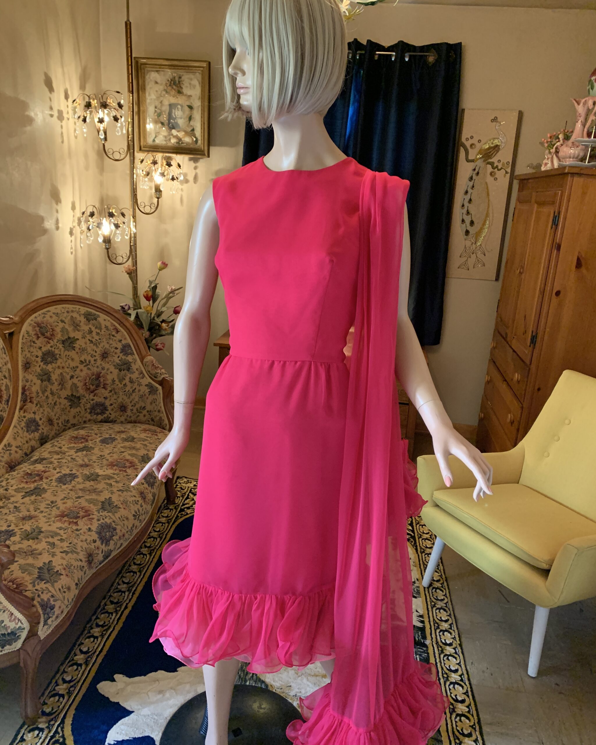 Miss Elliette hot pink cocktail dress with floating chiffon scarf and ruffled hem, front view