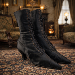 Antique Victorian-Edwardian Black Satin Lace-Up Dress Boots, c. 1895-1910