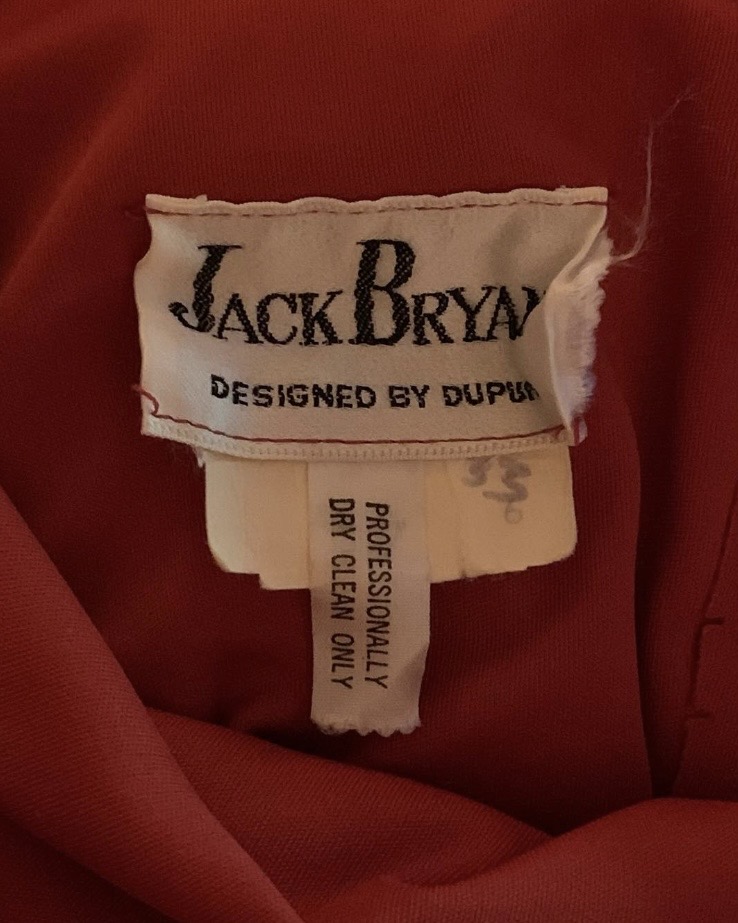 Jack Bryan Designed by Dupuis label inside vintage late 1960s to early 1970s red evening gown.