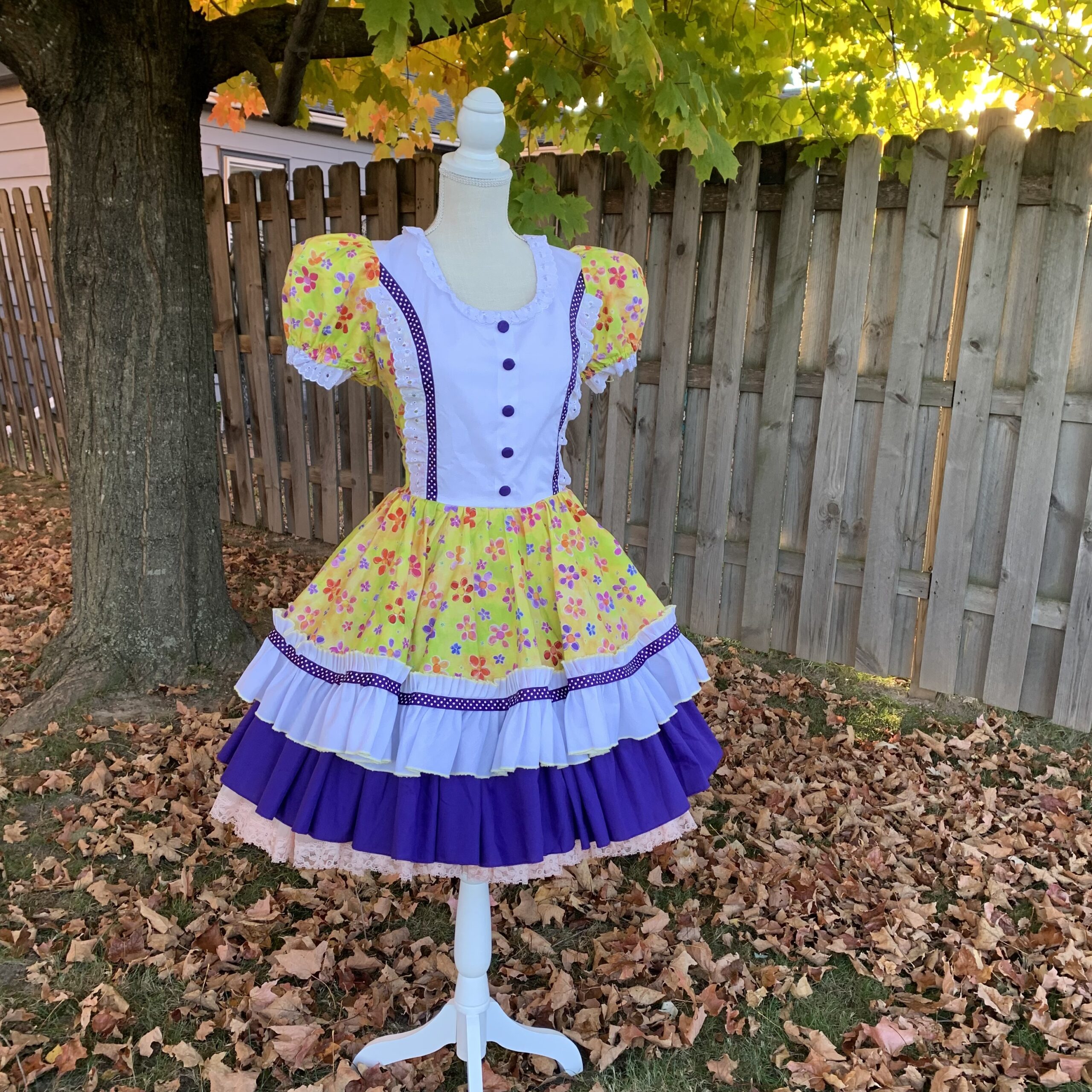 Vintage 1990’s Prairie Revival Dress In Yellow Floral with Purple Ruffles