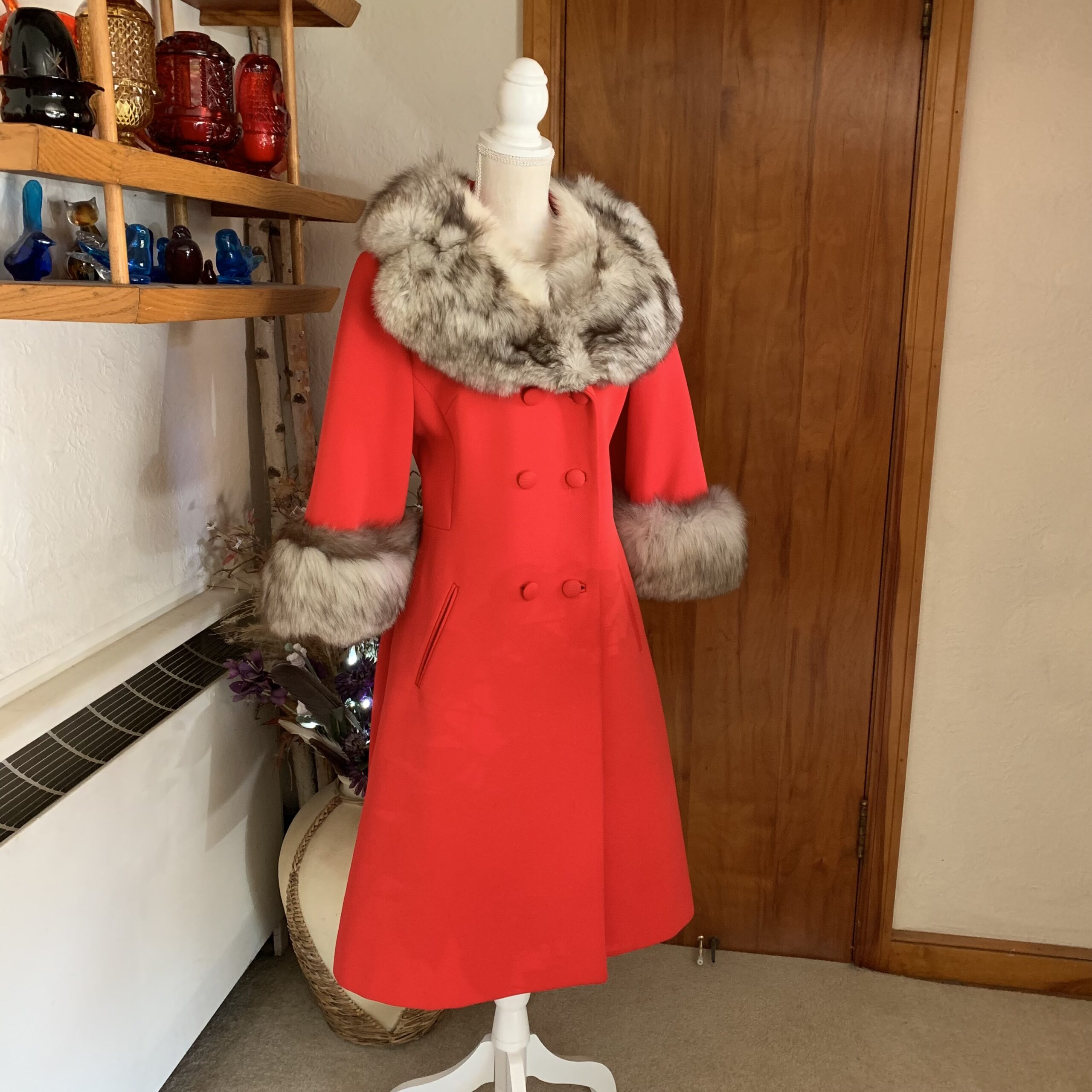 Vintage 1960s Lilli Ann Red Wool Coat with Fox Fur Collar