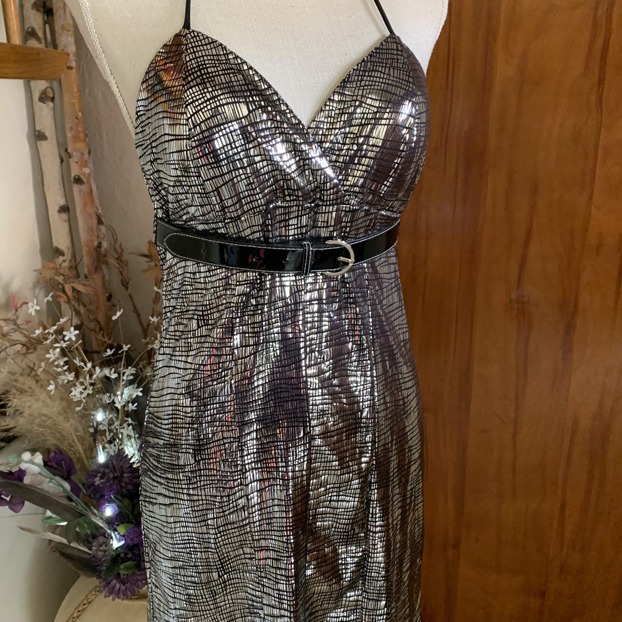 Vintage 1990s Silver Lamé Halter Mini Dress with Belt - Image 3