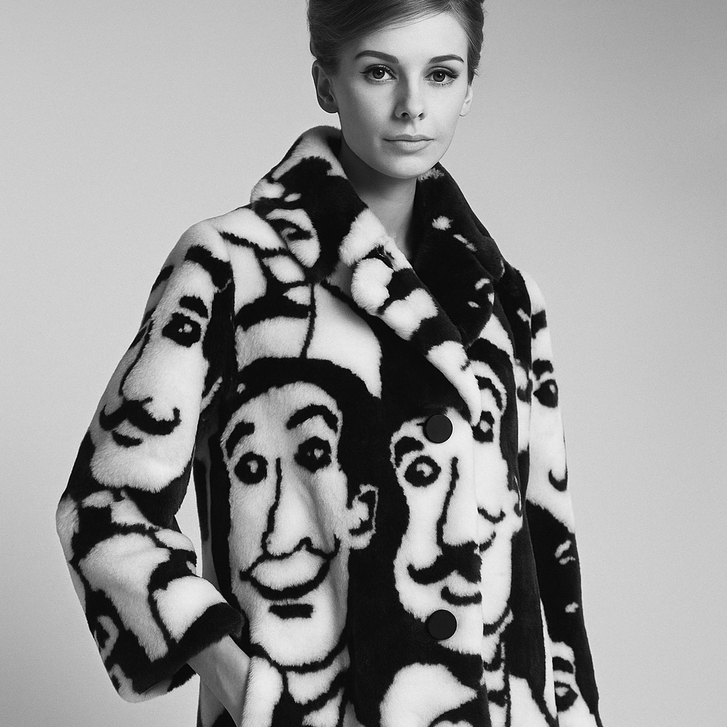 1980s Avant Garde Pop Art Faux Fur Coat – Black And White Faces Motif - Image 10
