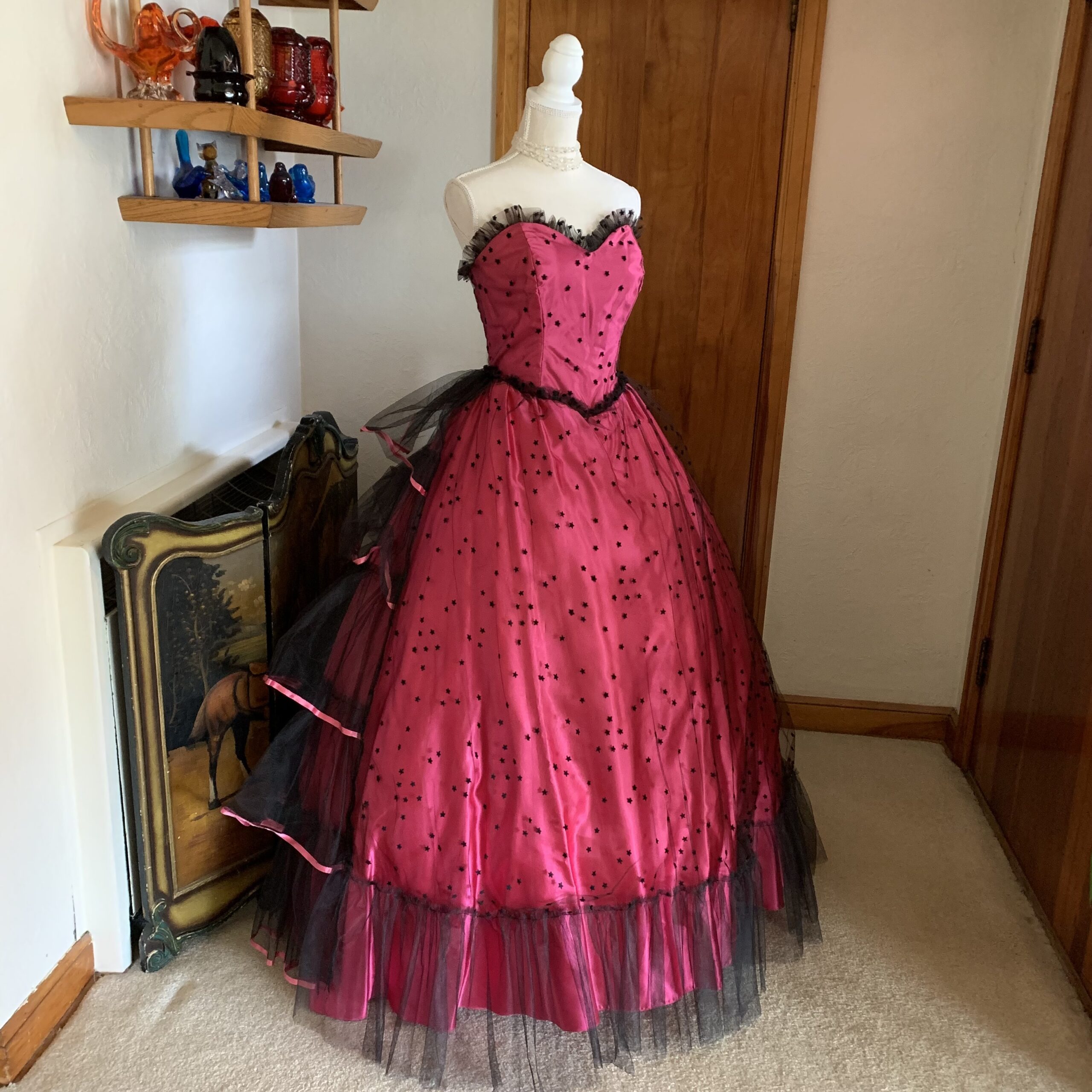 Vintage 1980s Flirtations by Alfred Angelo Strapless Ball Gown – Hot Pink & Black  Tulle – Dead stock