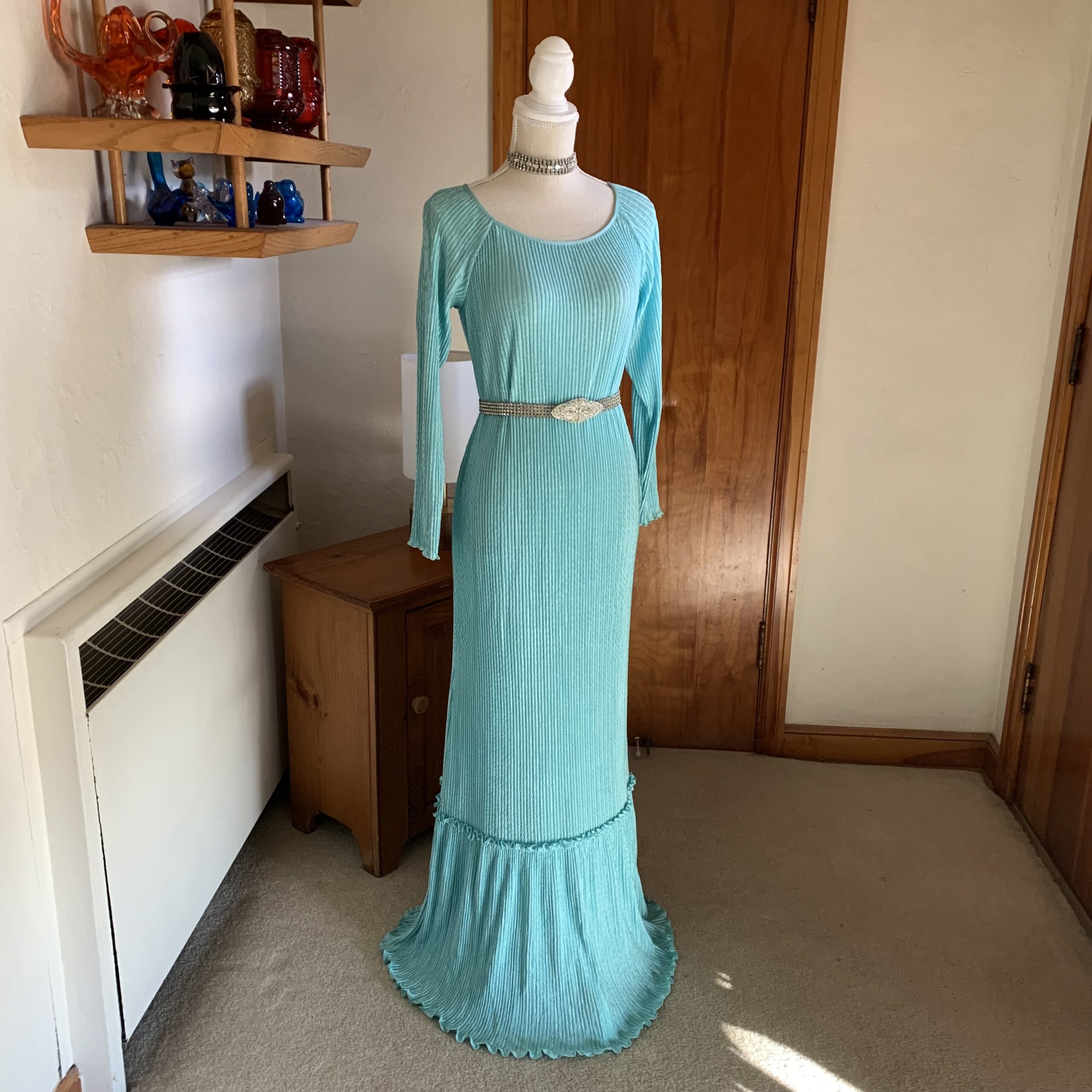 Vintage 1980s Mary McFadden Turquoise Pleated Column Gown