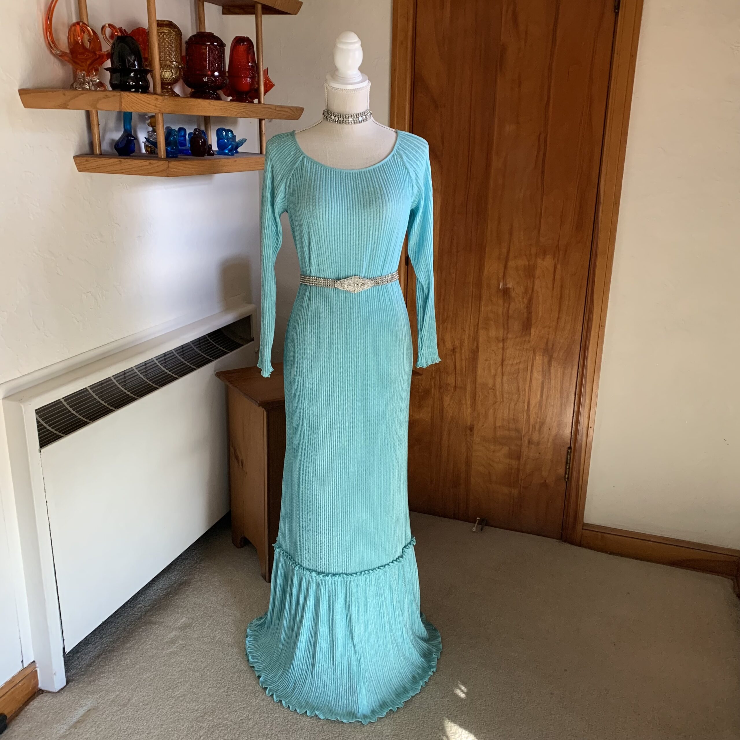 Vintage 1980s Mary McFadden Turquoise Pleated Column Gown - Image 2