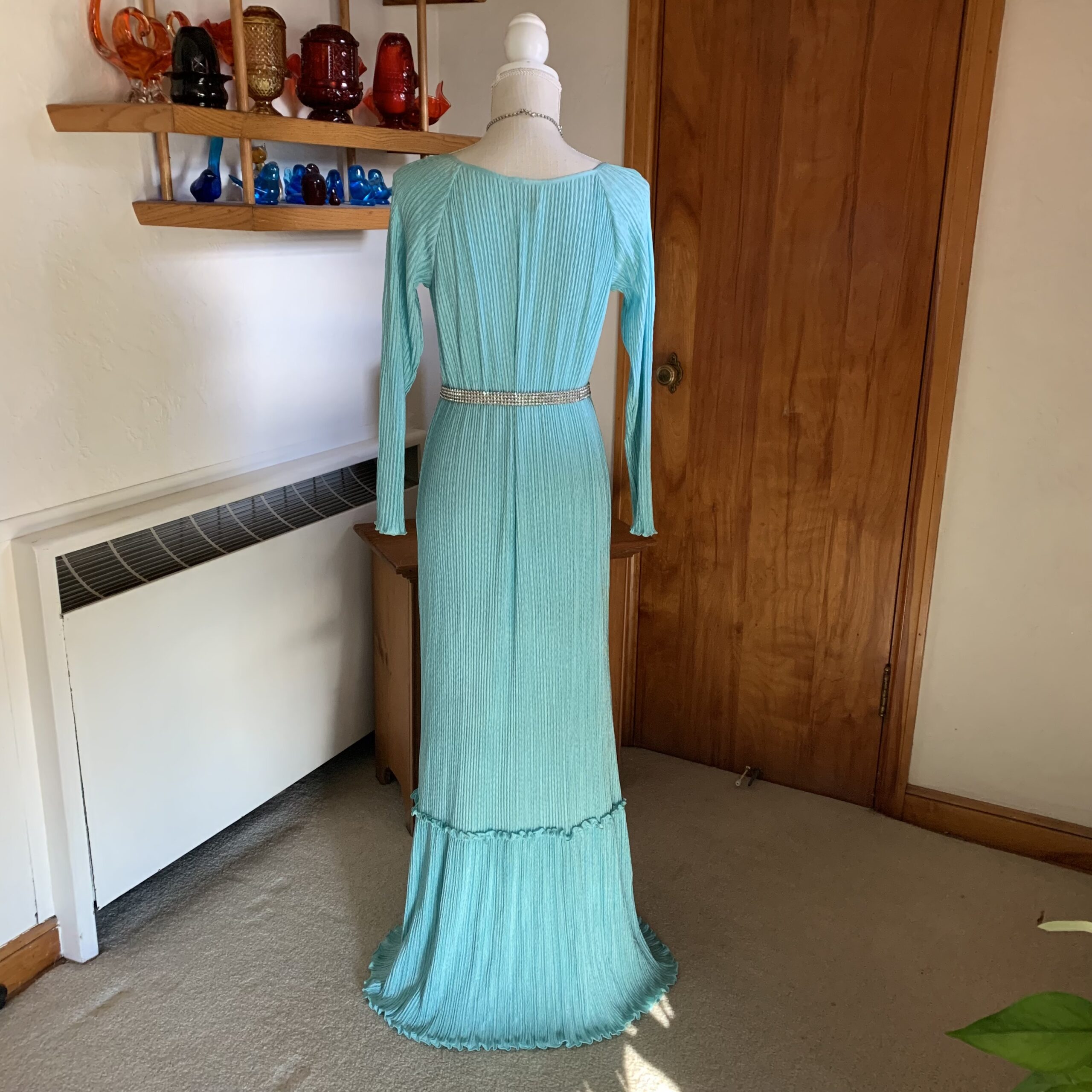 Vintage 1980s Mary McFadden Turquoise Pleated Column Gown - Image 5