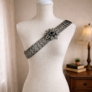 Vintage Silver Metal Belt with Black Crystal Floral Statement Buckle