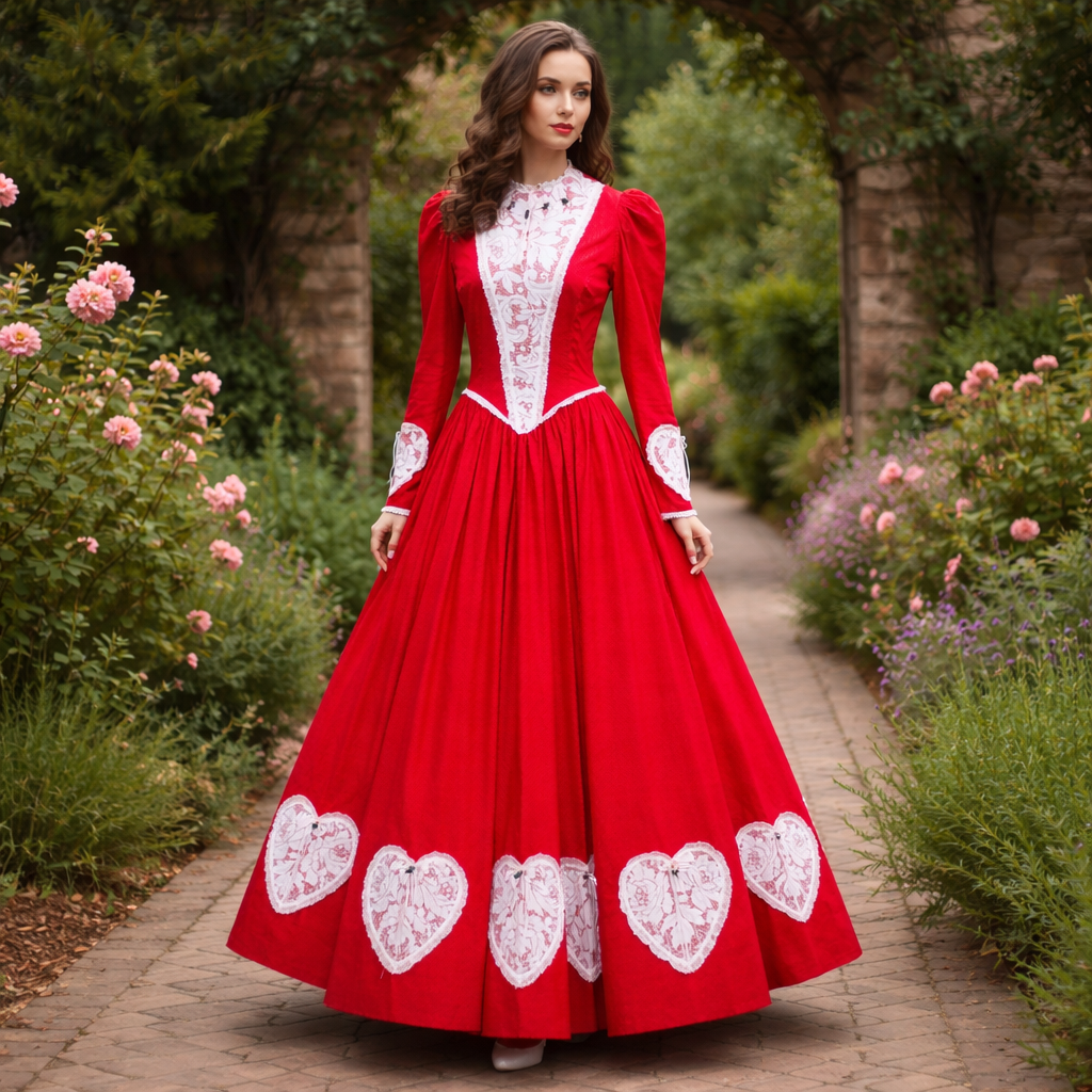 Victorian Romance Red Polka Dot Lace Gown with Musical Heart Appliqués