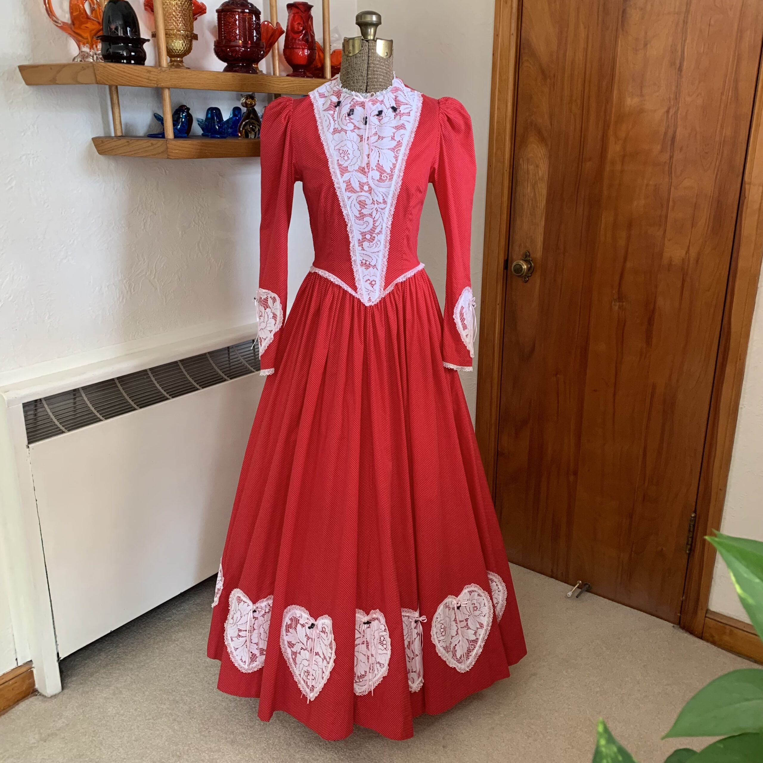 Victorian Romance Red Polka Dot Lace Gown with Musical Heart Appliqués - Image 3