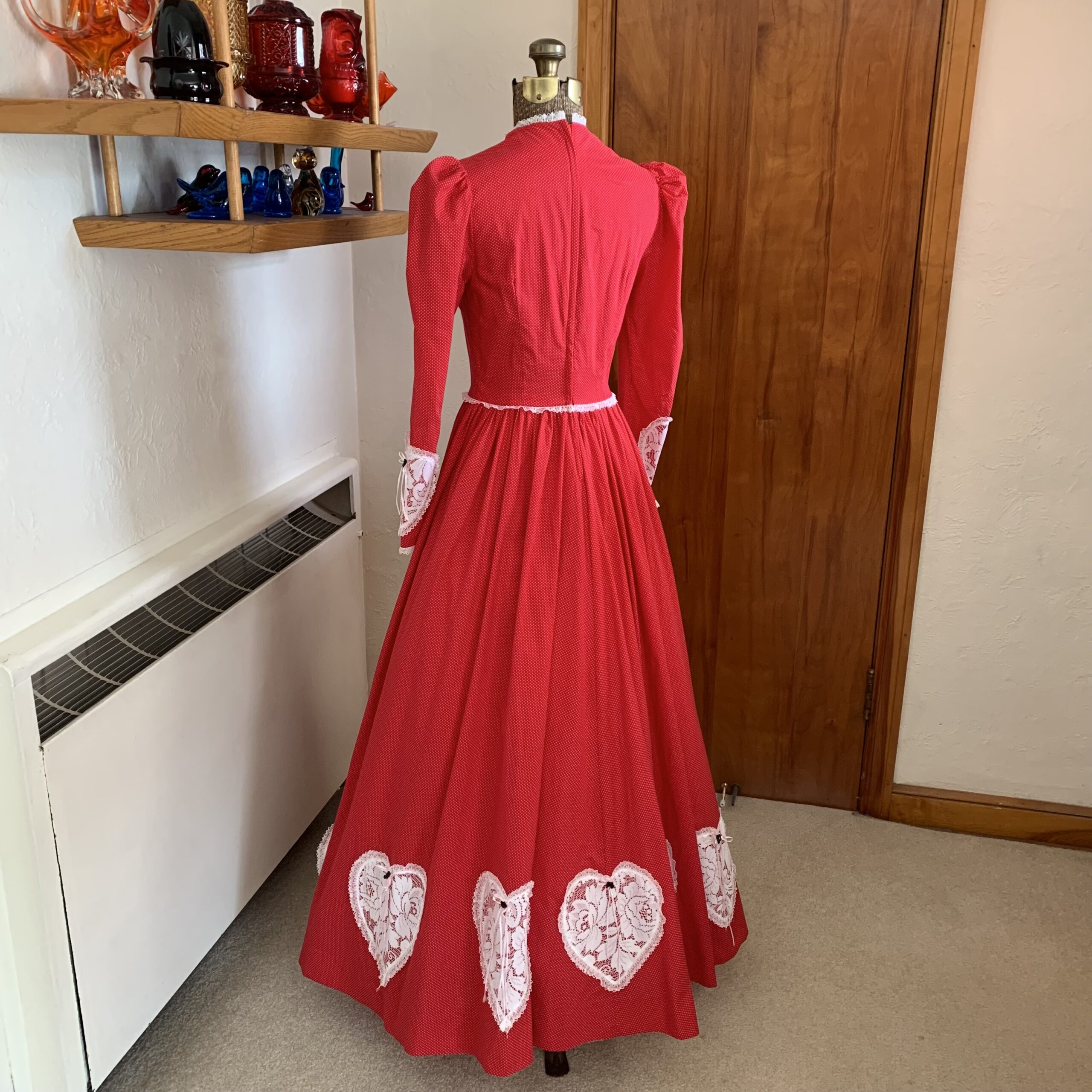 Victorian Romance Red Polka Dot Lace Gown with Musical Heart Appliqués - Image 4