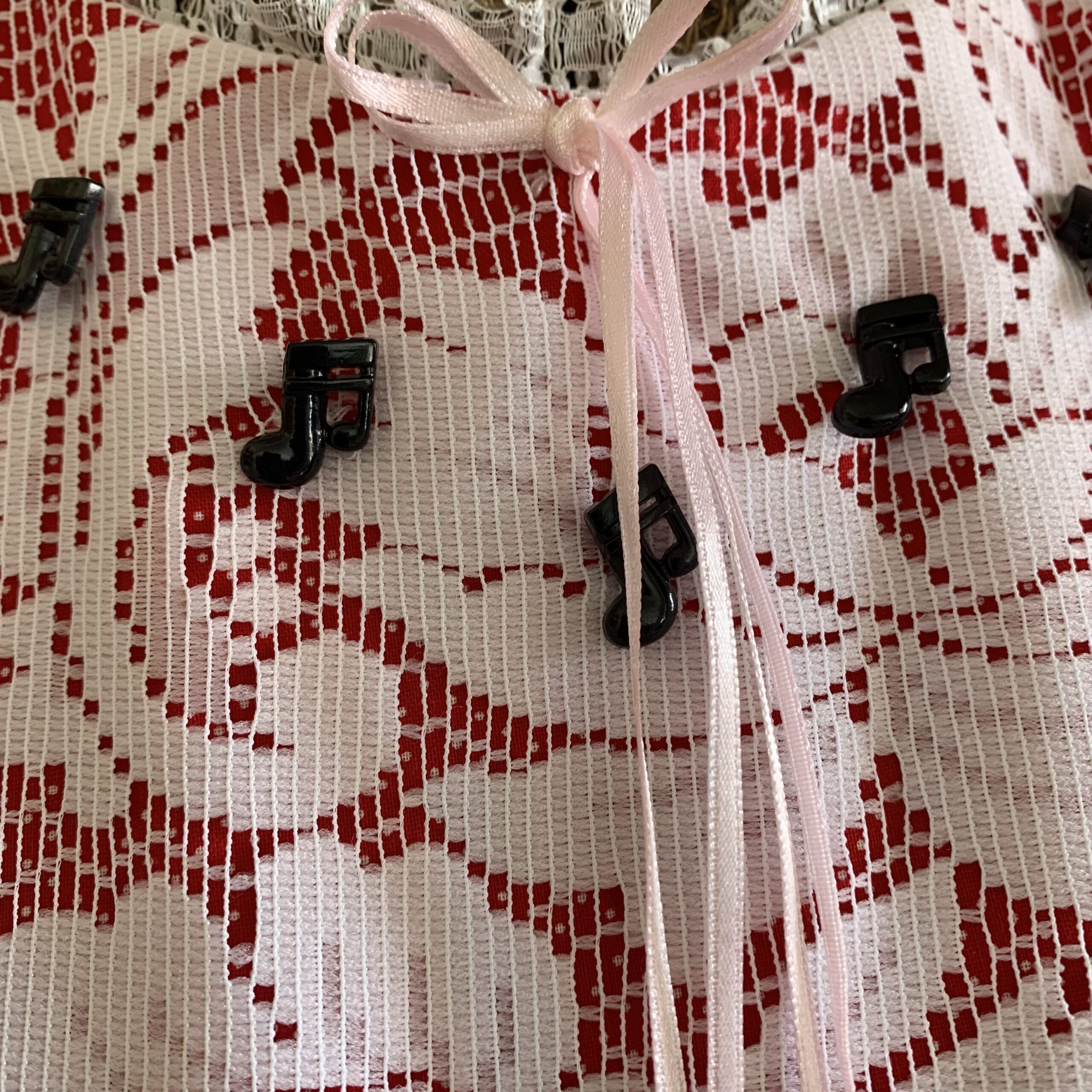 Victorian Romance Red Polka Dot Lace Gown with Musical Heart Appliqués - Image 6