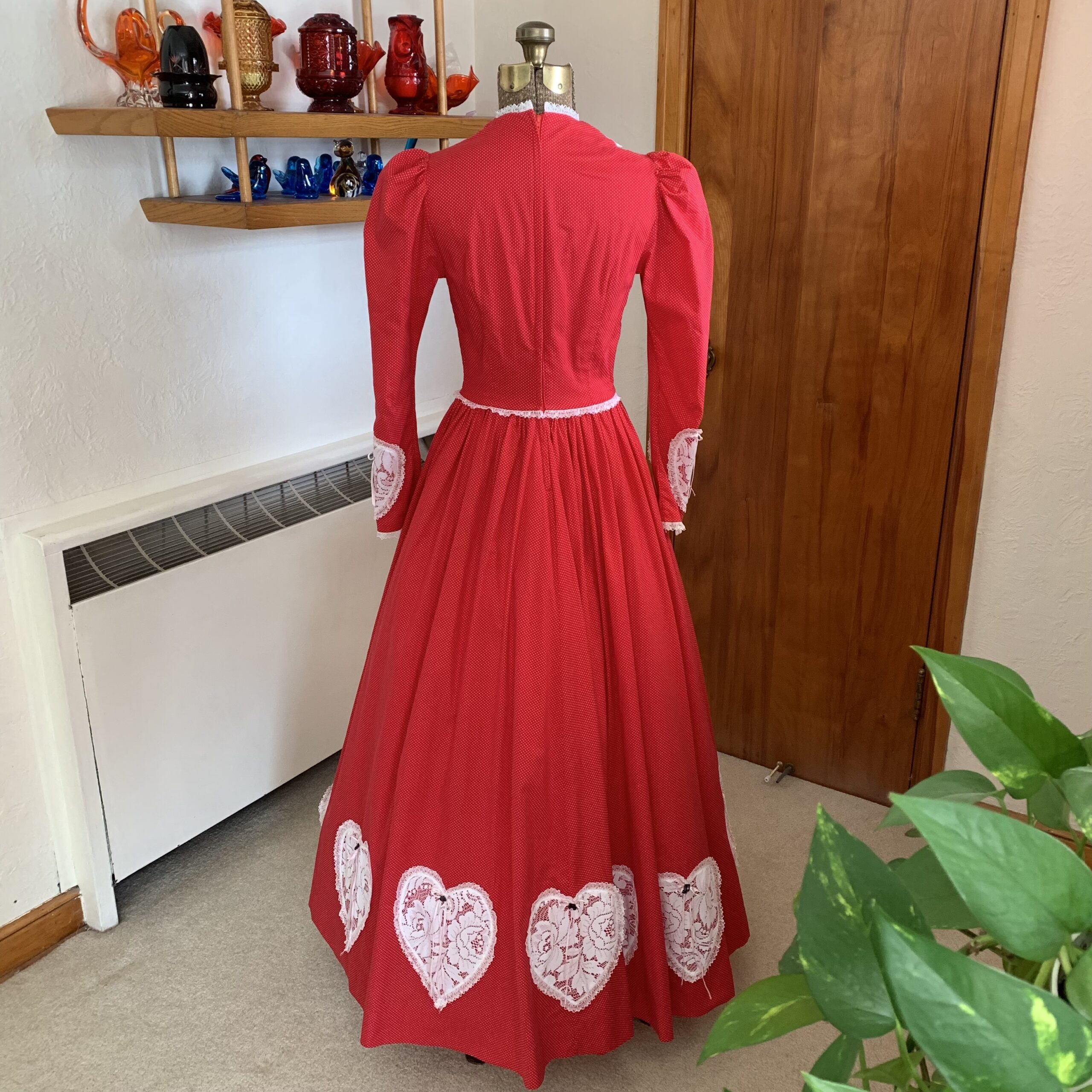 Victorian Romance Red Polka Dot Lace Gown with Musical Heart Appliqués - Image 5