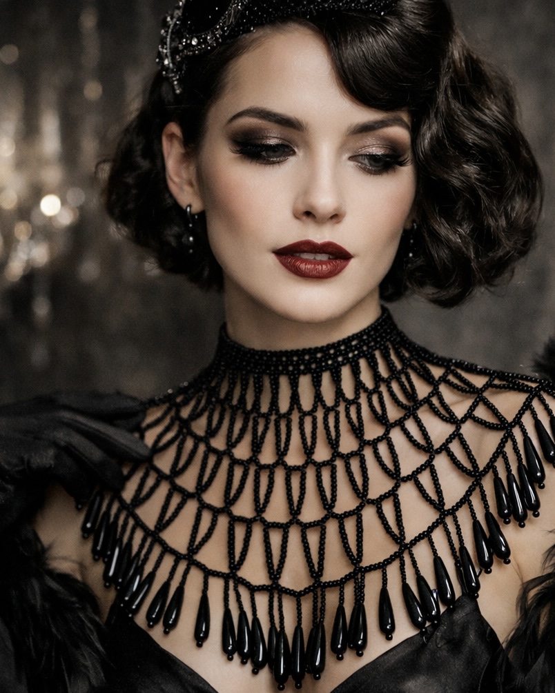 Editorial reference image of woman wearing dramatic black beaded collar necklace with Art Deco and Gothic-inspired styling.
