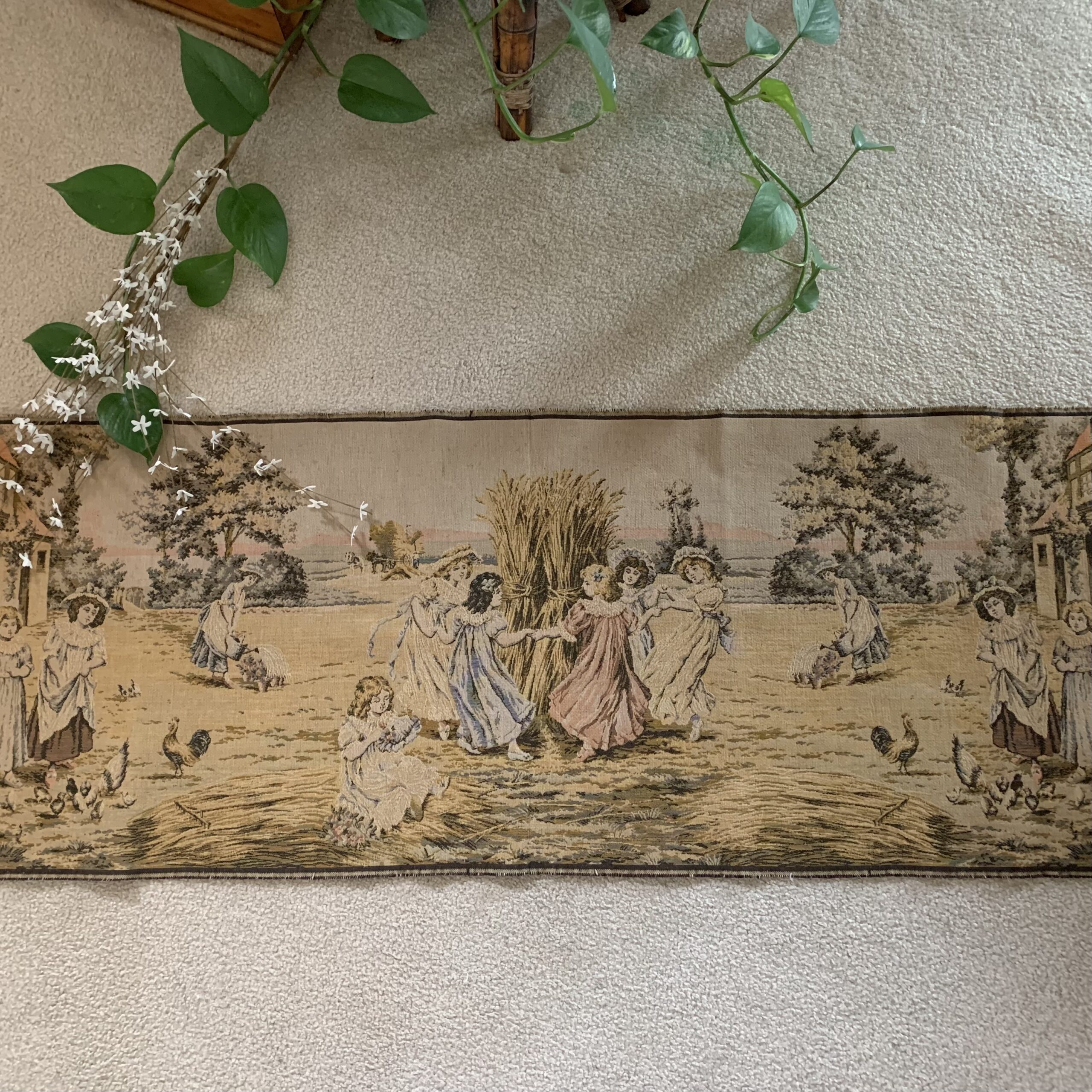 Mid-Century French Woven Pastoral Tapestry Panel – Harvest Dance Scene