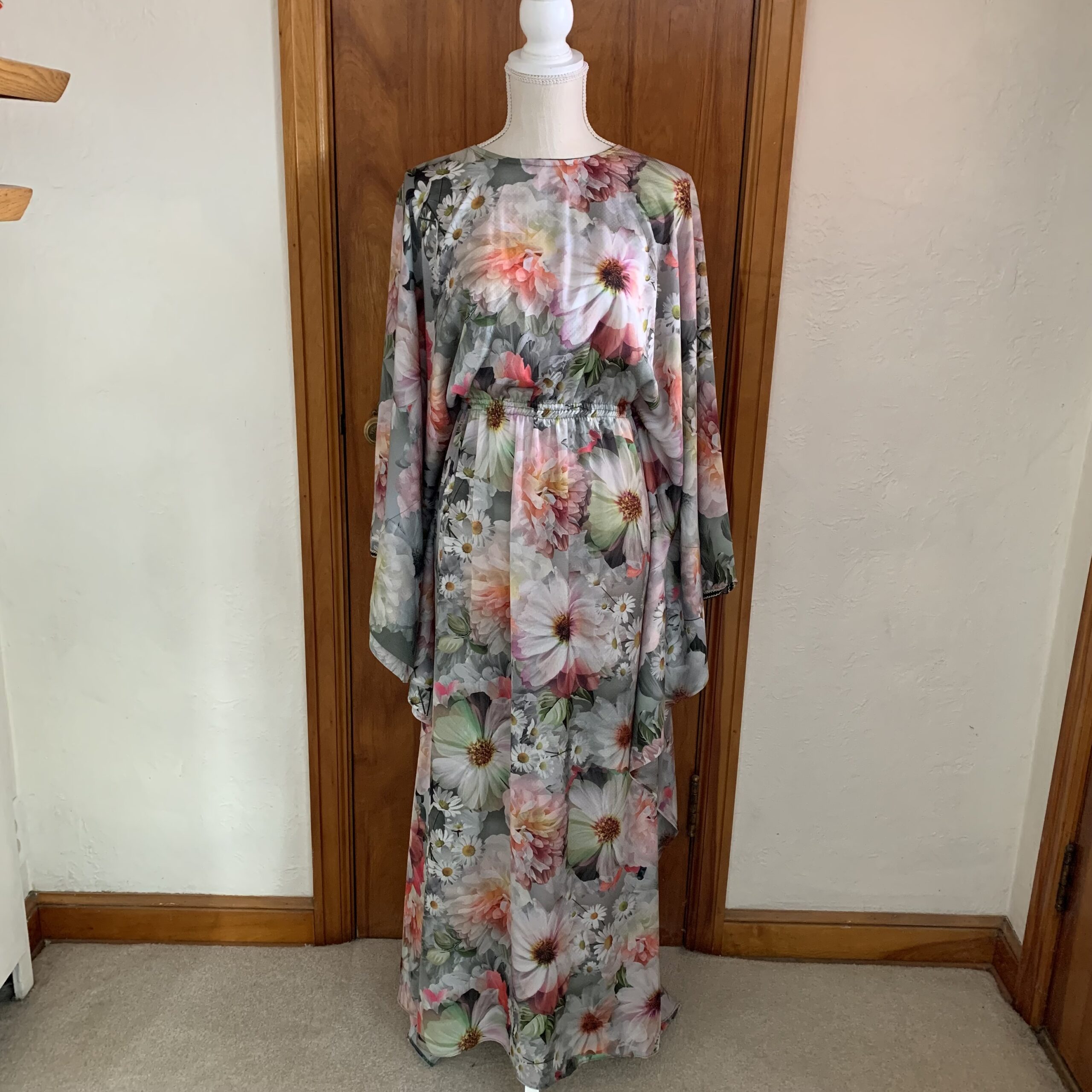 Early 1970s Floral Chiffon Caftan Maxi Dress | Sheer Textured Polyester, Elastic Waist