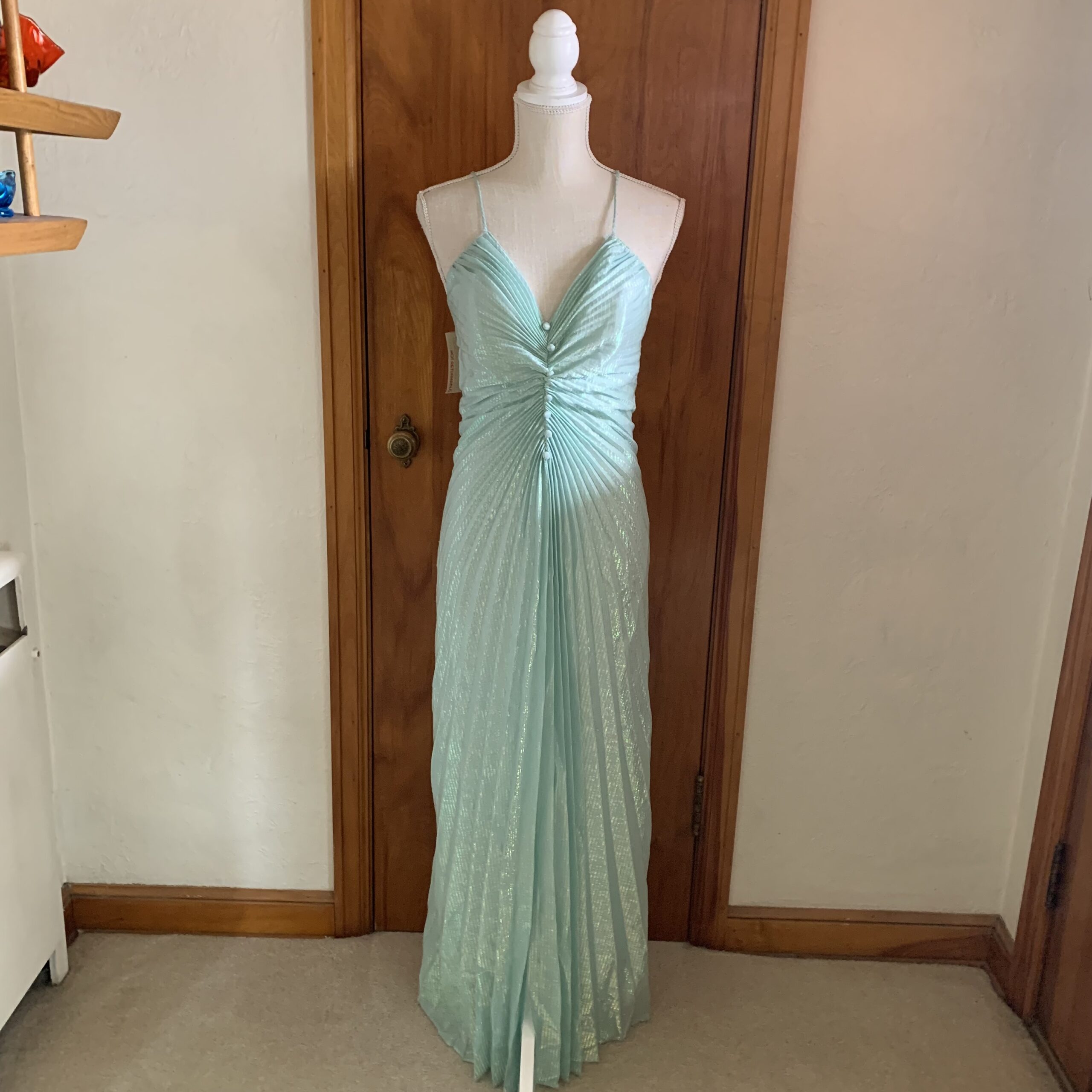 1970s New Leaf by Samir Iridescent Pleated Column Gown Mint Green Sculpted Bodice Evening Dress with Original Tags