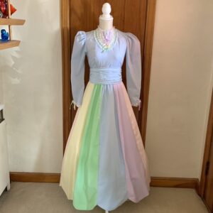 Early 1970s Pastel Panel Prairie Dress with Lace and Ribbon Detail