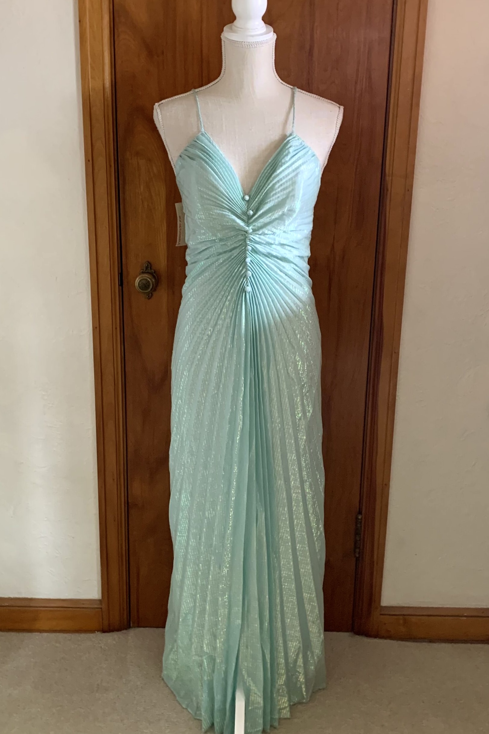1970s New Leaf by Samir Iridescent Pleated Column Gown Mint Green Sculpted Bodice Evening Dress with Original Tags