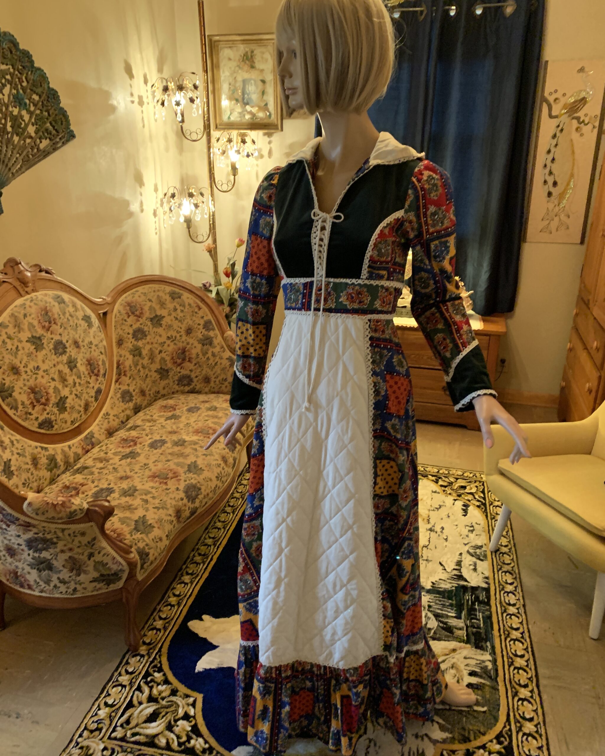 Vintage 1970s patchwork prairie maxi dress with quilted white apron panel and velvet bodice