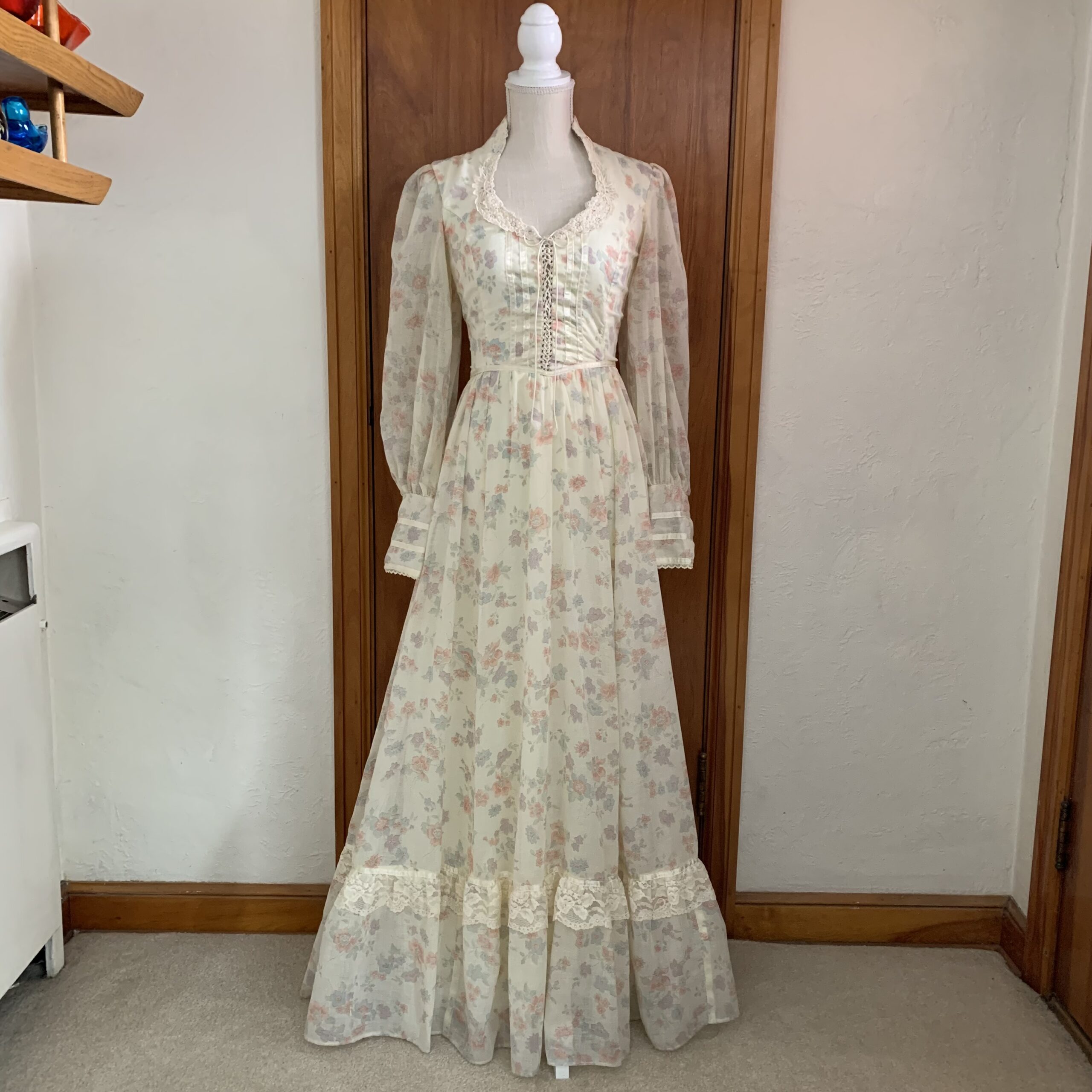 1970s Gunne Sax by Jessica Pastel Floral Prairie Dress — Lace Bodice, Sheer Sleeves