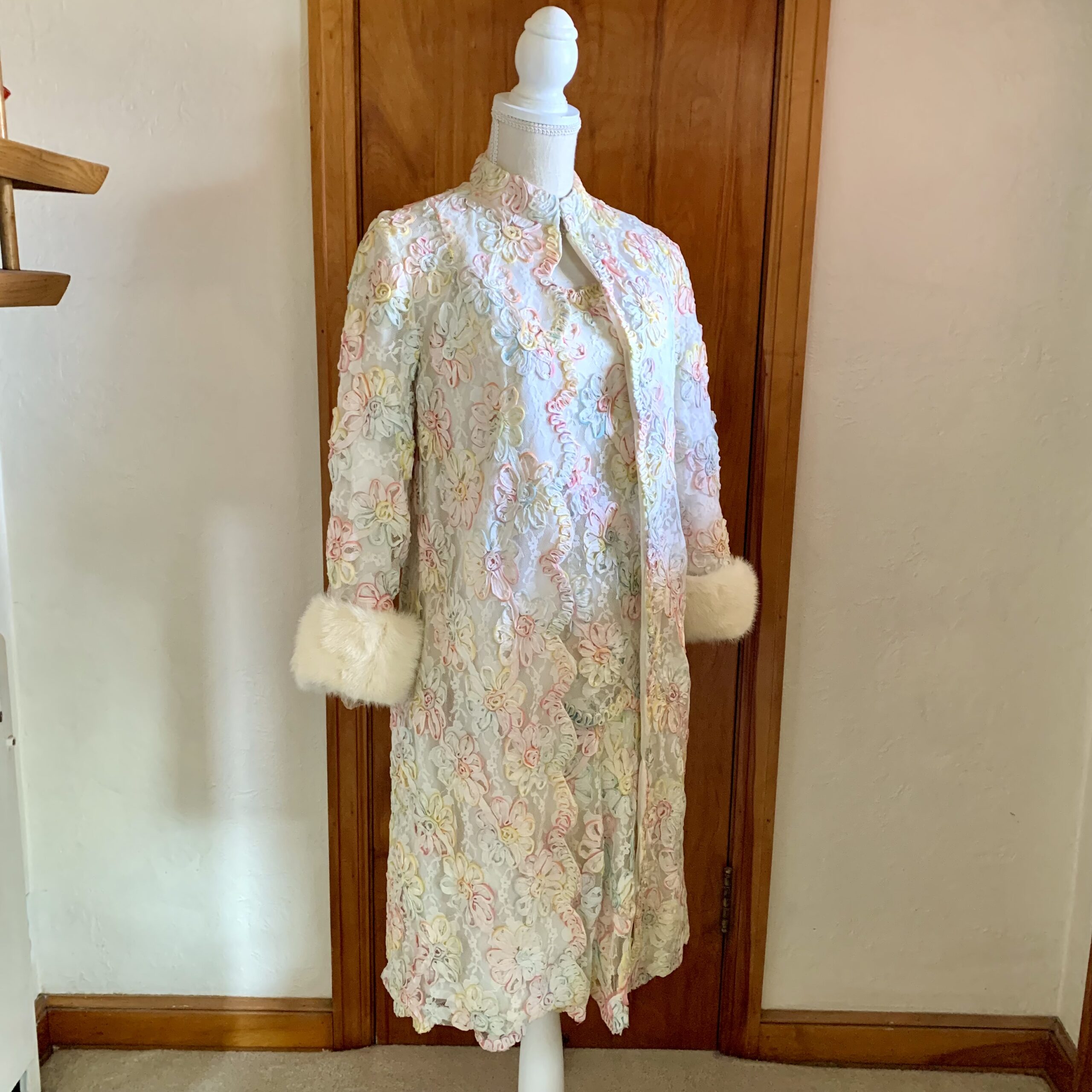 1960s Pastel Ribbon-Work Lace Dress And Coat Ensemble with Mink Cuffs