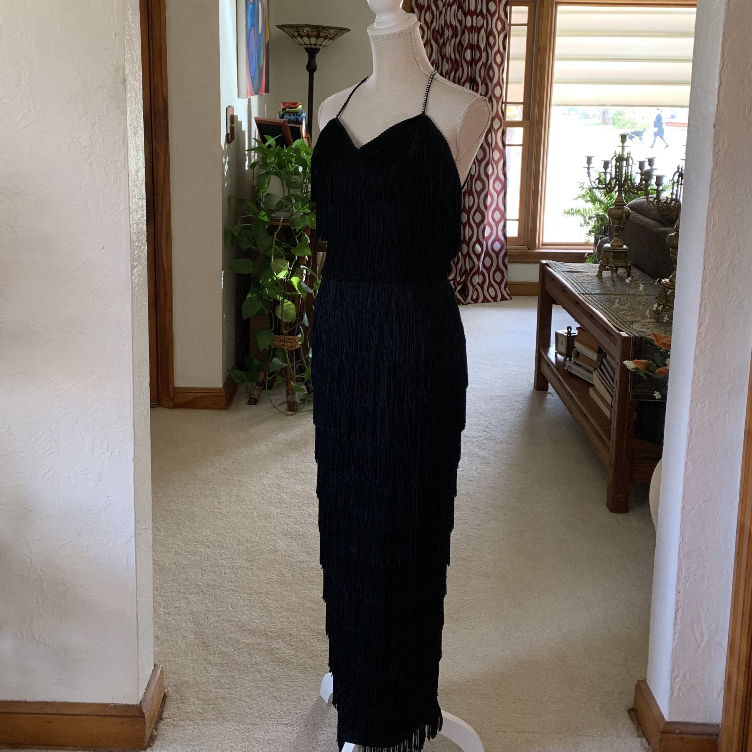 Roberta Black Fringe Column Gown with Rhinestone Straps — Open Back Evening Dress (c. 1980s–90s)