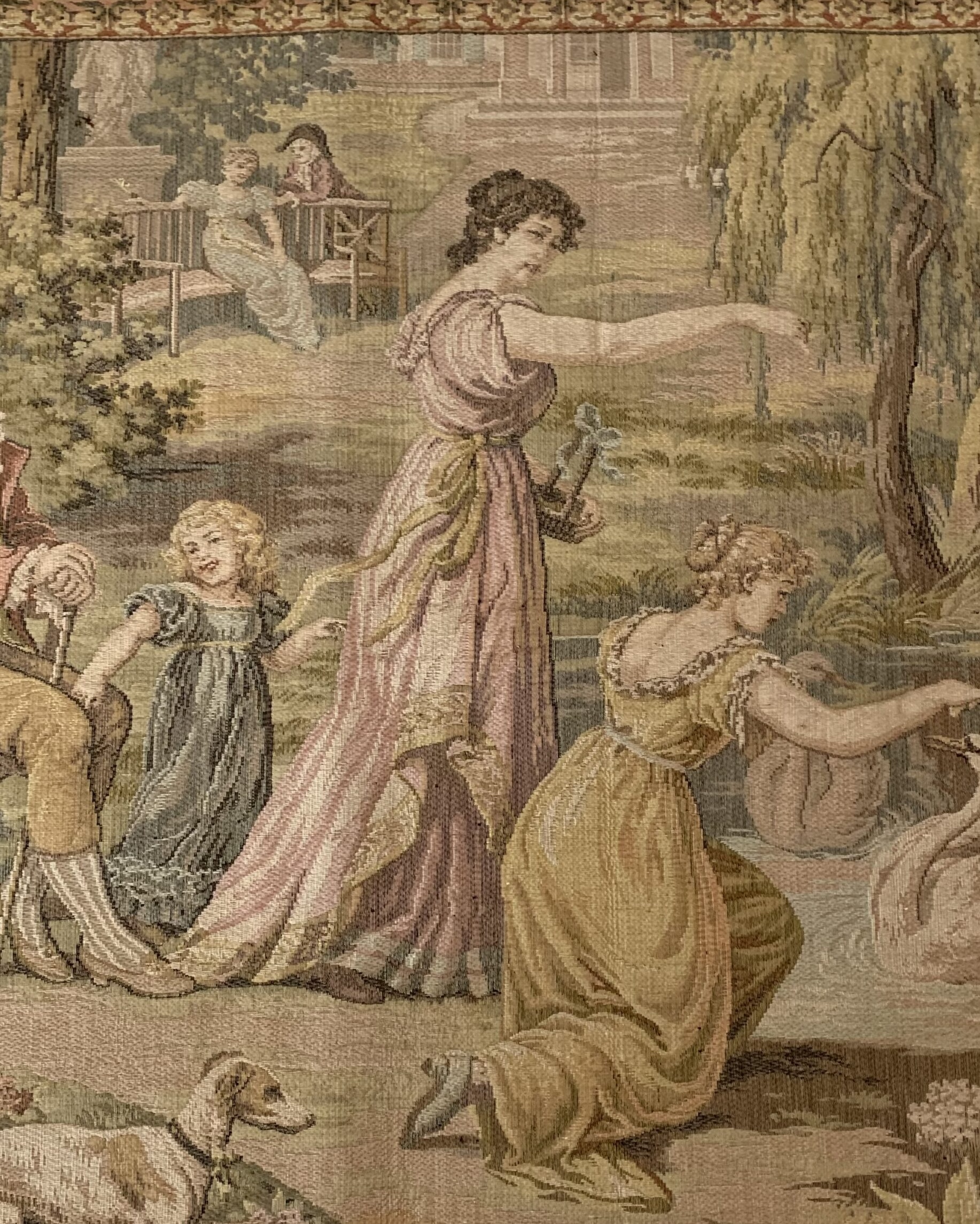 Mid-Century Pastoral Figural Tapestry with Swans Aubusson-style, Europe, c. 1940s–1950s
