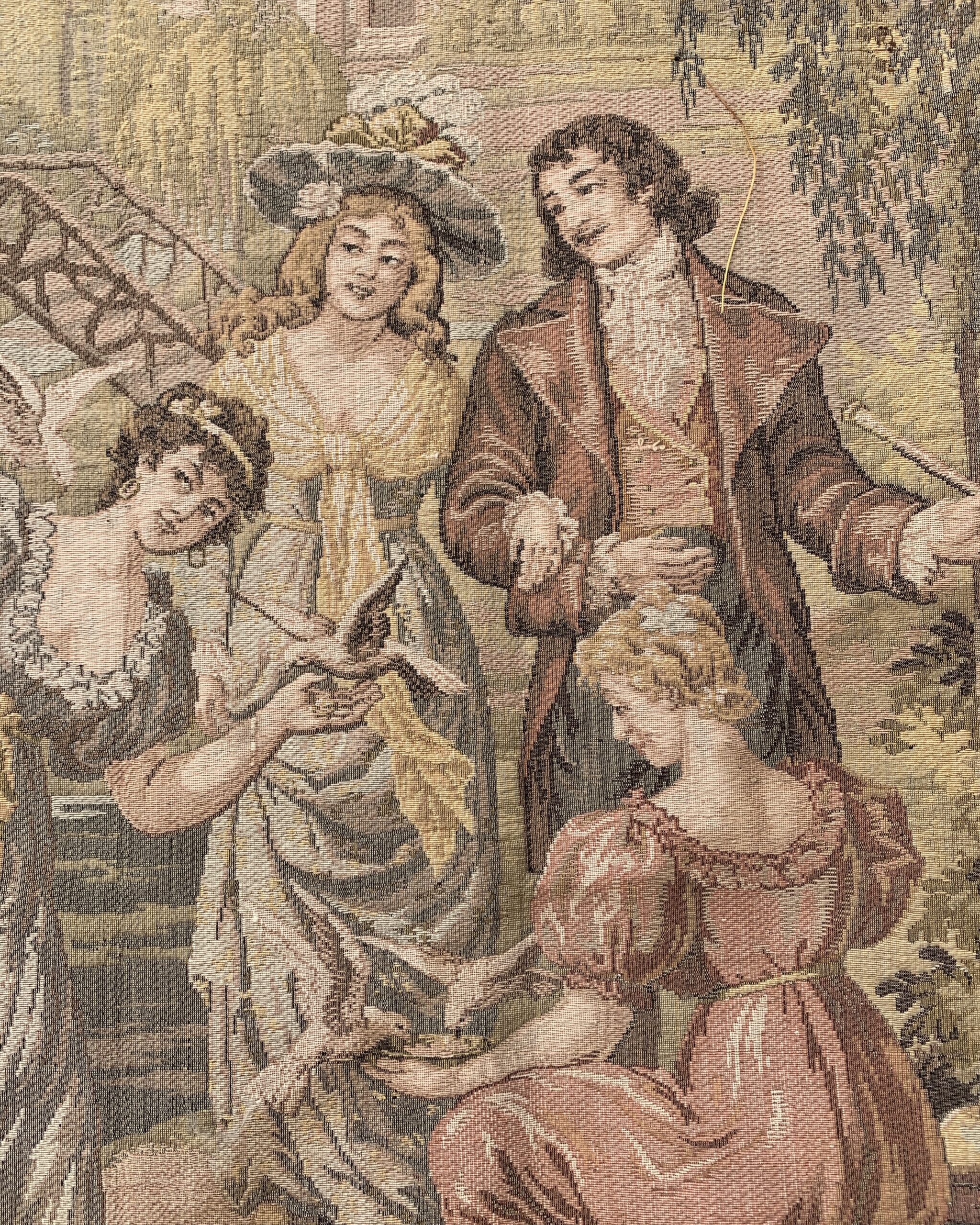 Close-up of courting figures in period dress gathered beside a pond in a romantic garden tapestry.