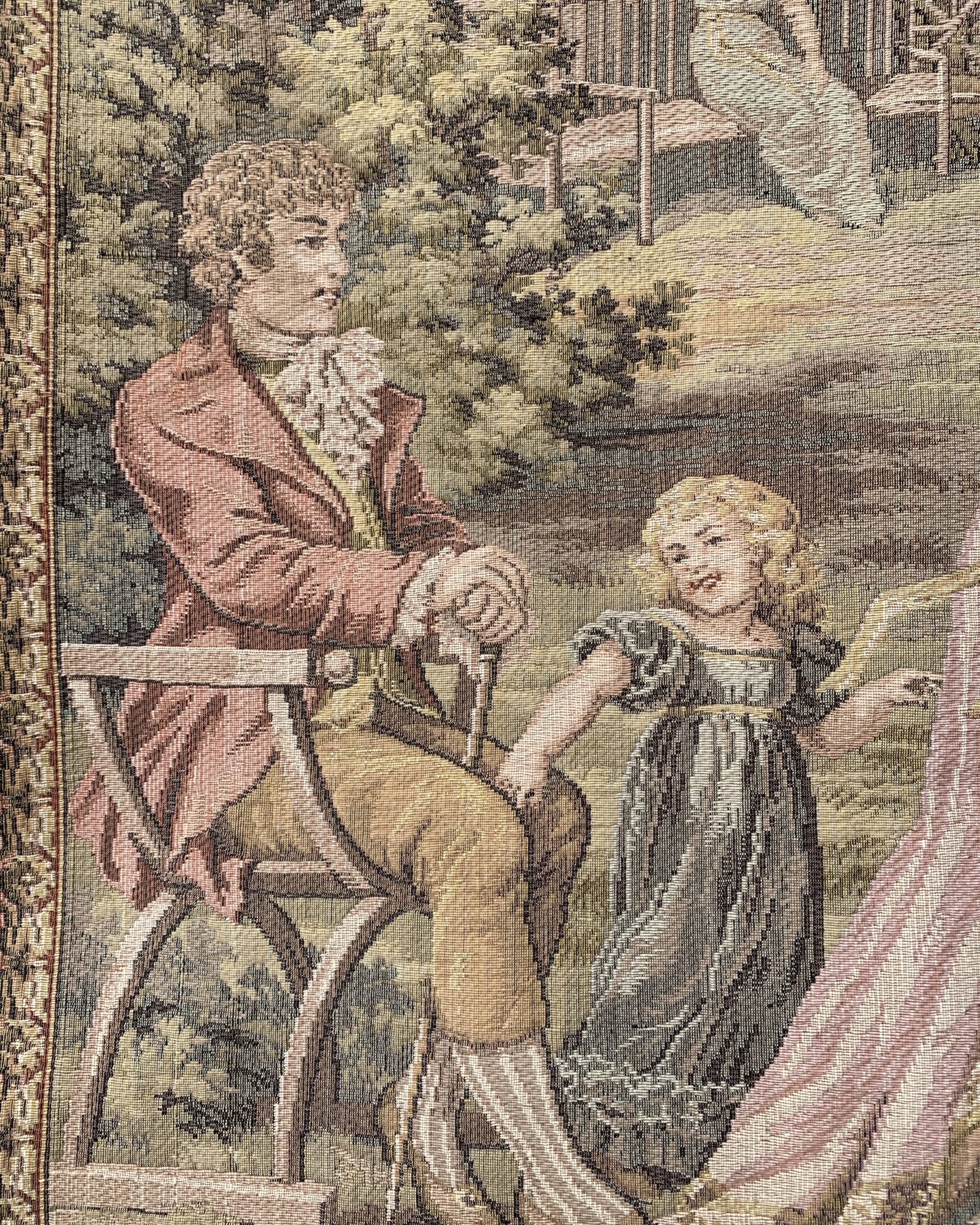 Detail of a seated gentleman and child in Regency-inspired dress within a pastoral tapestry landscape.
