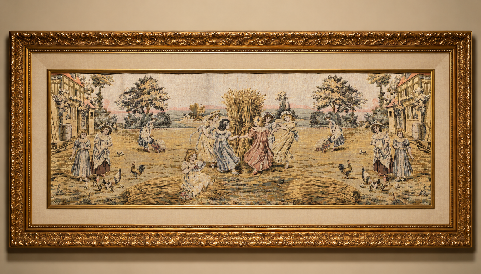 Framed visualization of a vintage tapestry depicting elegantly dressed figures gathered along a Venetian waterfront with gondolas, sailing vessels, flowering terraces, and historic architecture, presented in an ornate gold frame with linen matting.