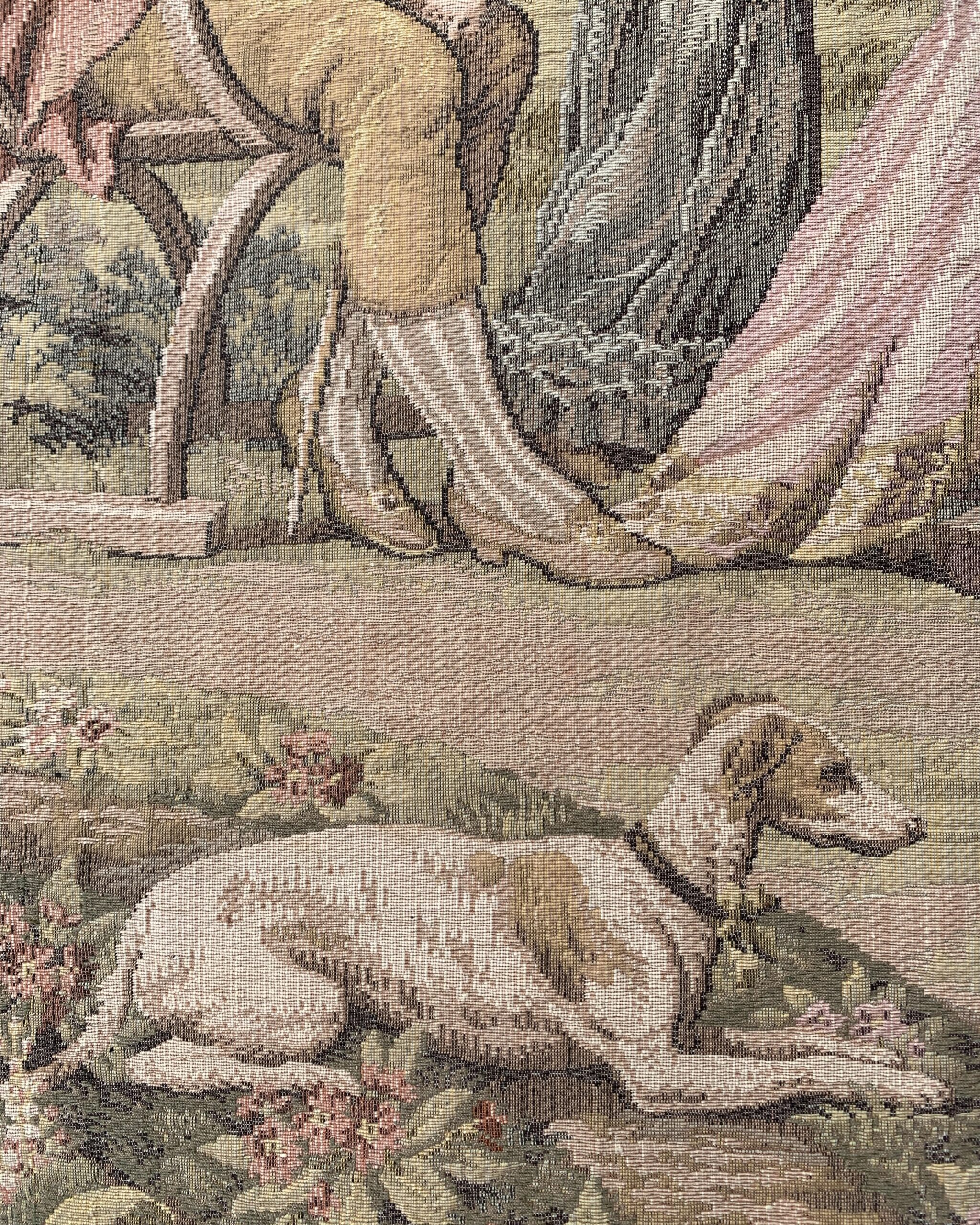 Detail of a reclining hound surrounded by flowers in the foreground of a romantic pastoral tapestry.