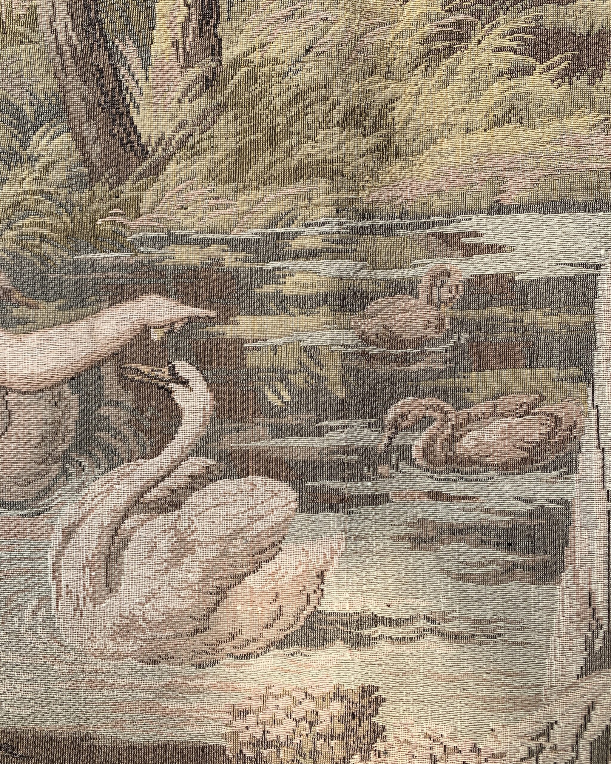 Close-up of swans gliding across a pond surrounded by soft foliage in a woven pastoral tapestry.