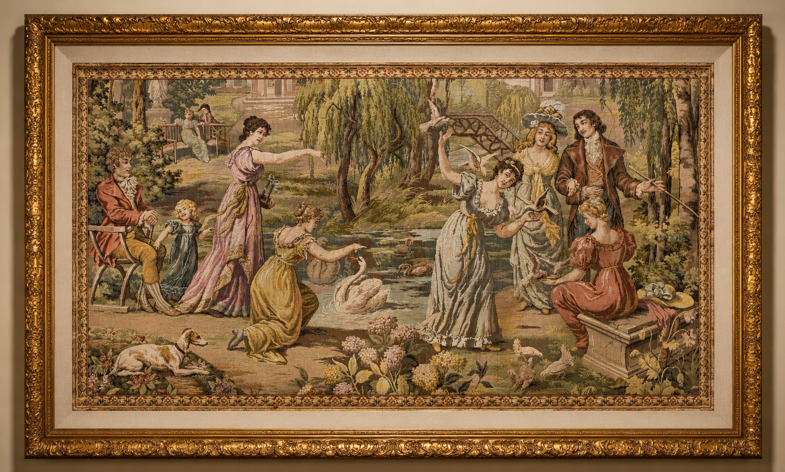 Mid-Century Pastoral Figural Tapestry with Swans Aubusson-style, Europe, c. 1940s–1950s - Image 10
