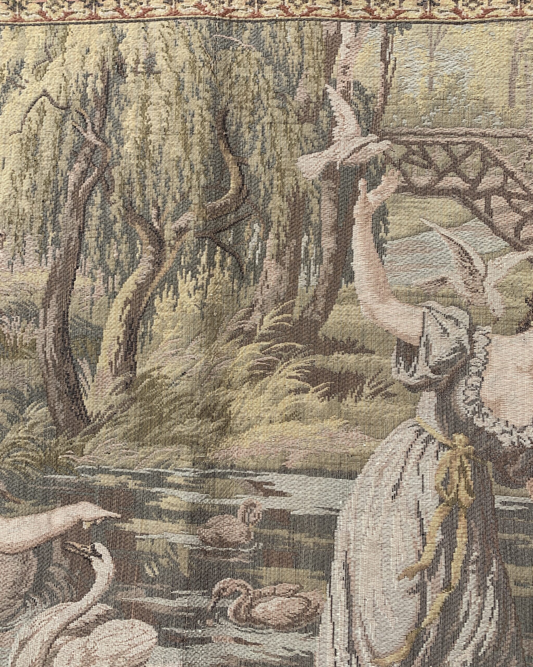 Detail of willow trees, water, and garden scenery woven in muted blush, sage, and cream tones.