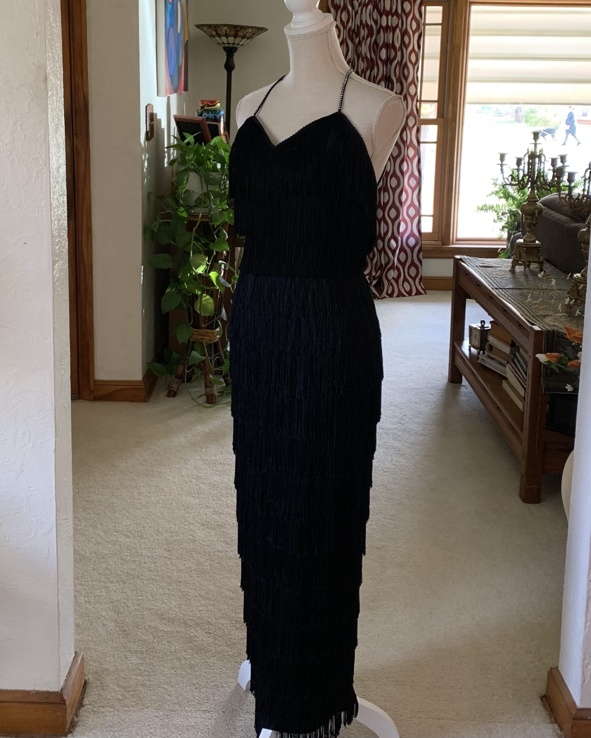 Roberta Black Fringe Column Gown with Rhinestone Straps — Open Back Evening Dress (c. 1980s–90s)