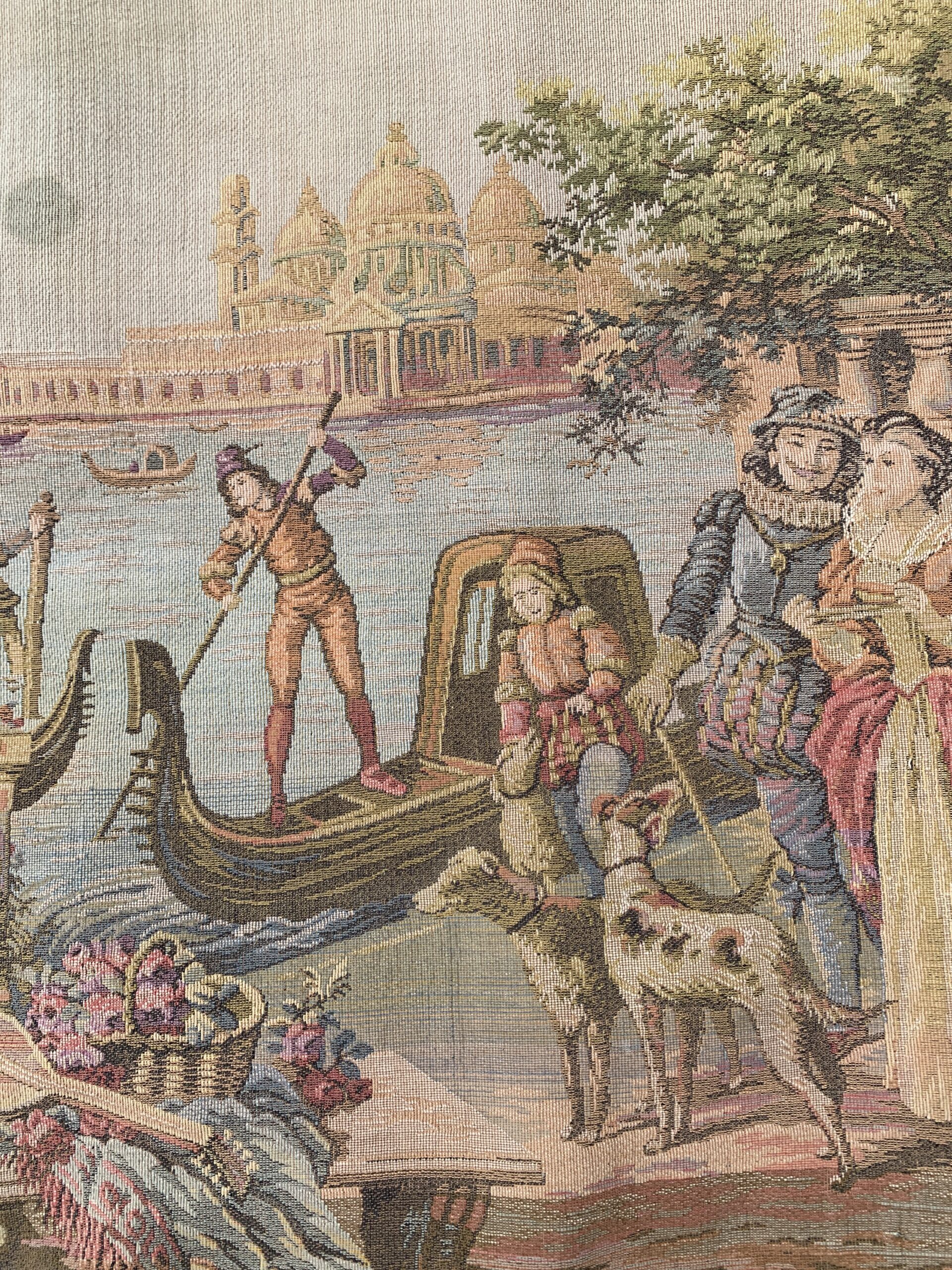 Close-up of gondolier and figures along a Venetian waterfront in a mid-century European woven tapestry.