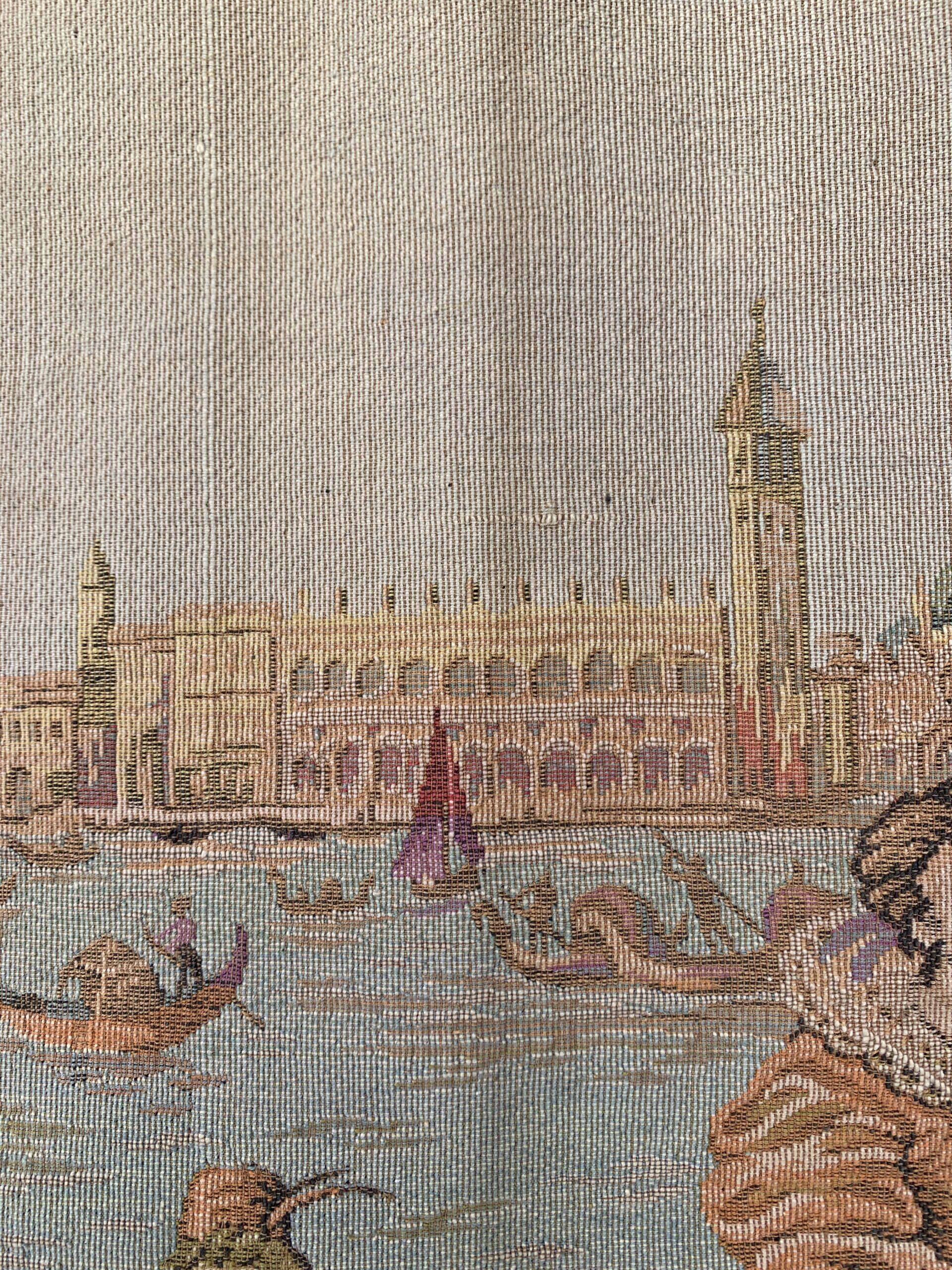 Detail showing Venetian buildings, canal boats, and architectural landmarks woven into a decorative tapestry panel.