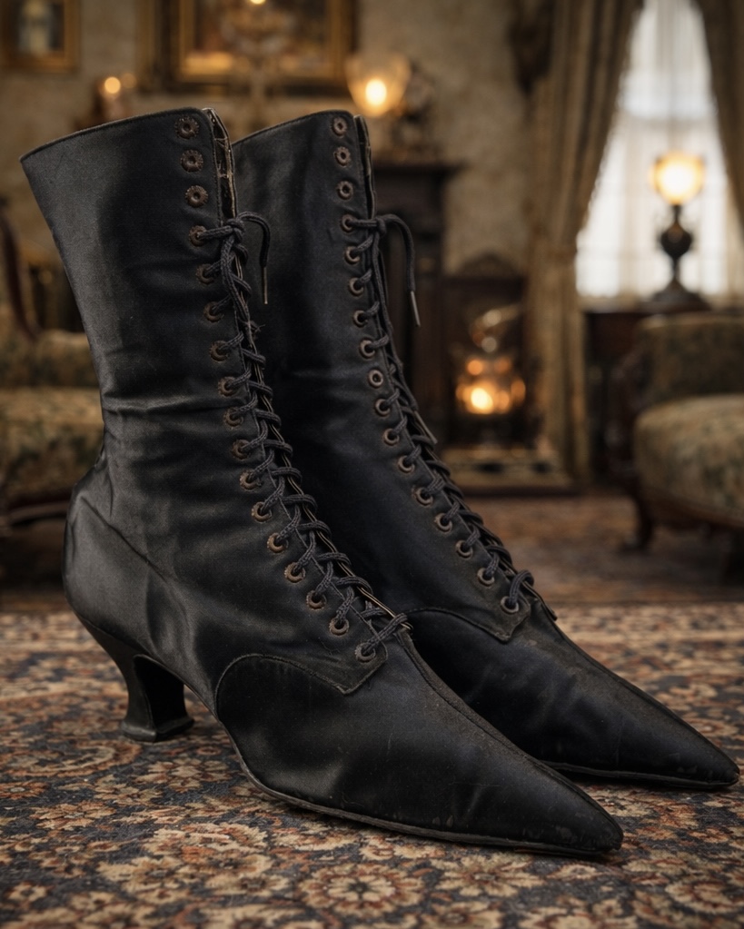 Antique Victorian-Edwardian Black Satin Lace-Up Dress Boots, c. 1895-1910