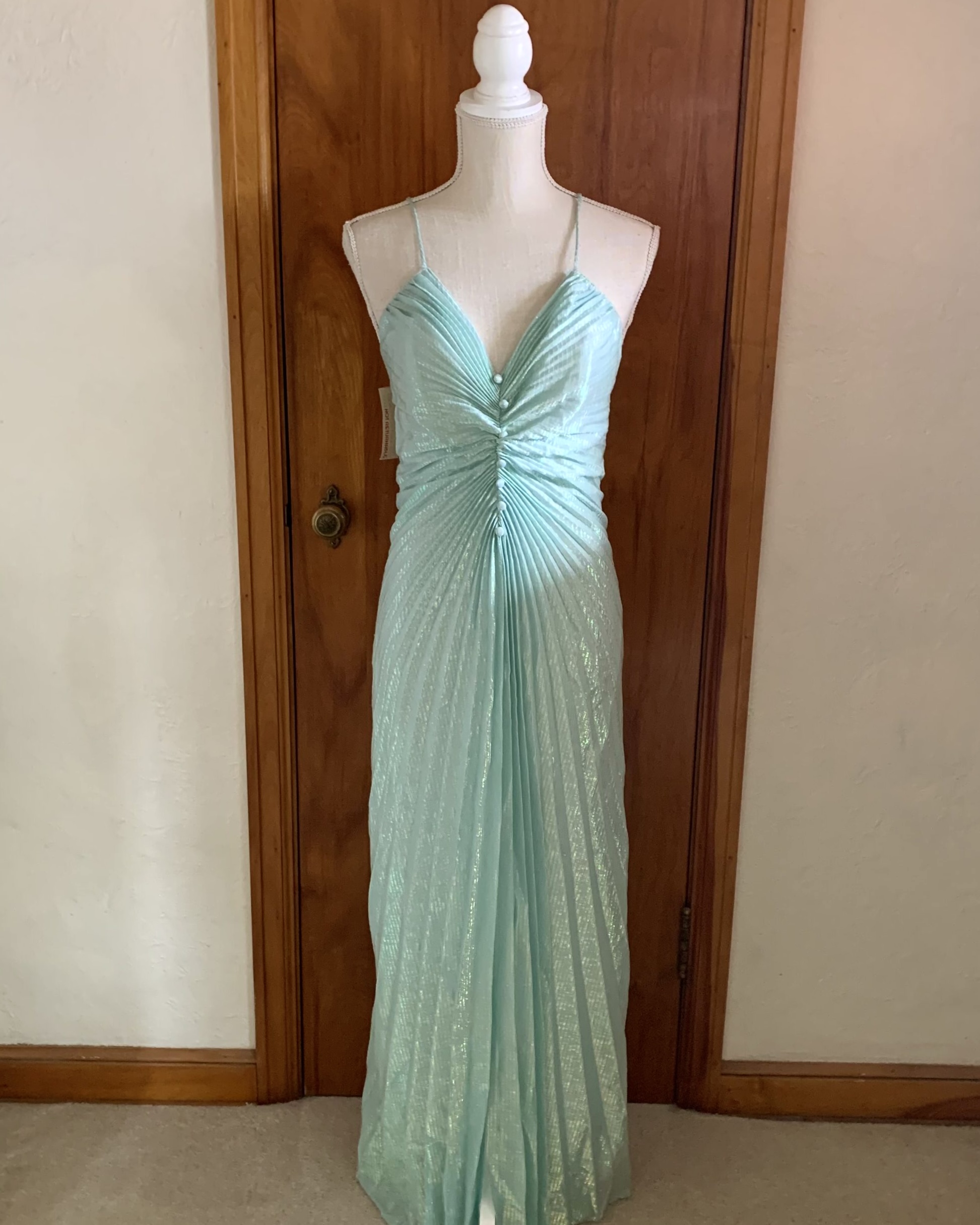 1970s New Leaf by Samir Iridescent Pleated Column Gown Mint Green Sculpted Bodice Evening Dress with Original Tags