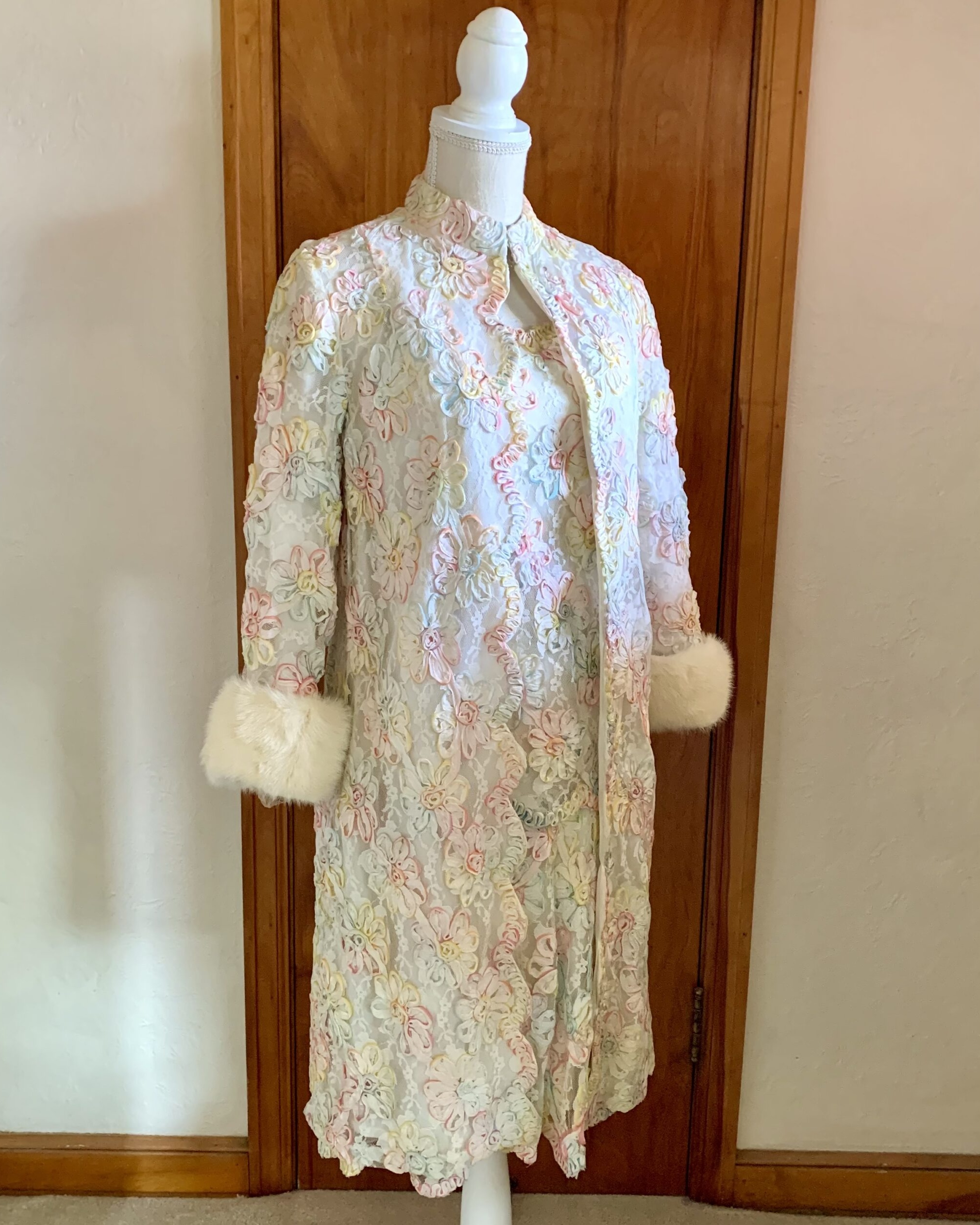 1960s Pastel Ribbon-Work Lace Dress And Coat Ensemble with Mink Cuffs