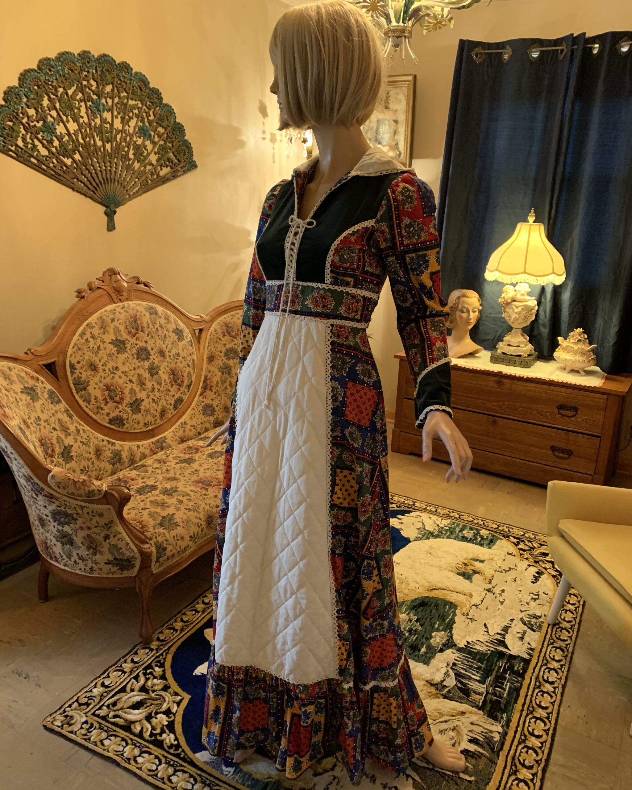 Vintage folk-inspired patchwork maxi dress with velvet bodice and full ruffled skirt