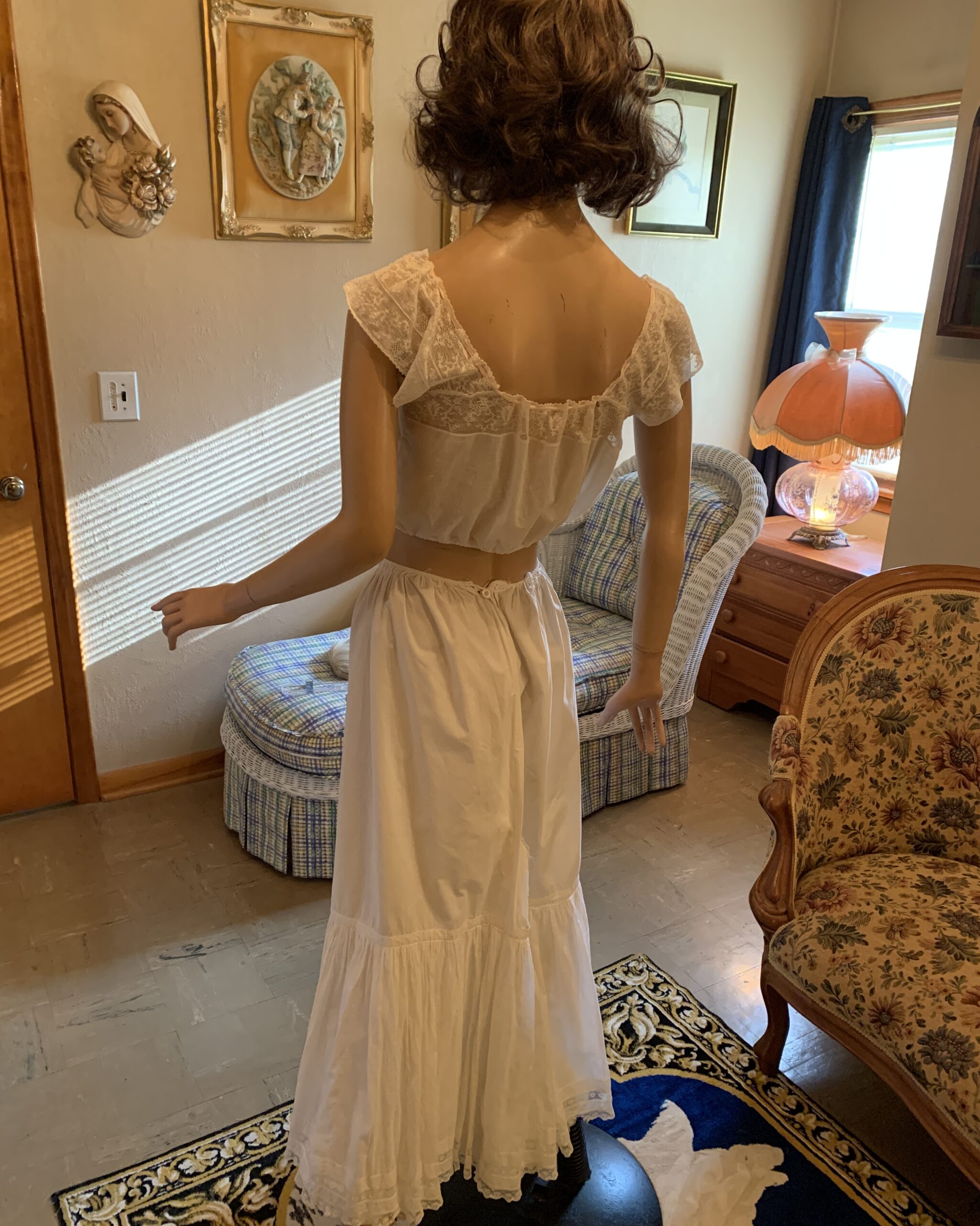 Back view of antique Edwardian white corset cover and petticoat set with lace shoulder detail