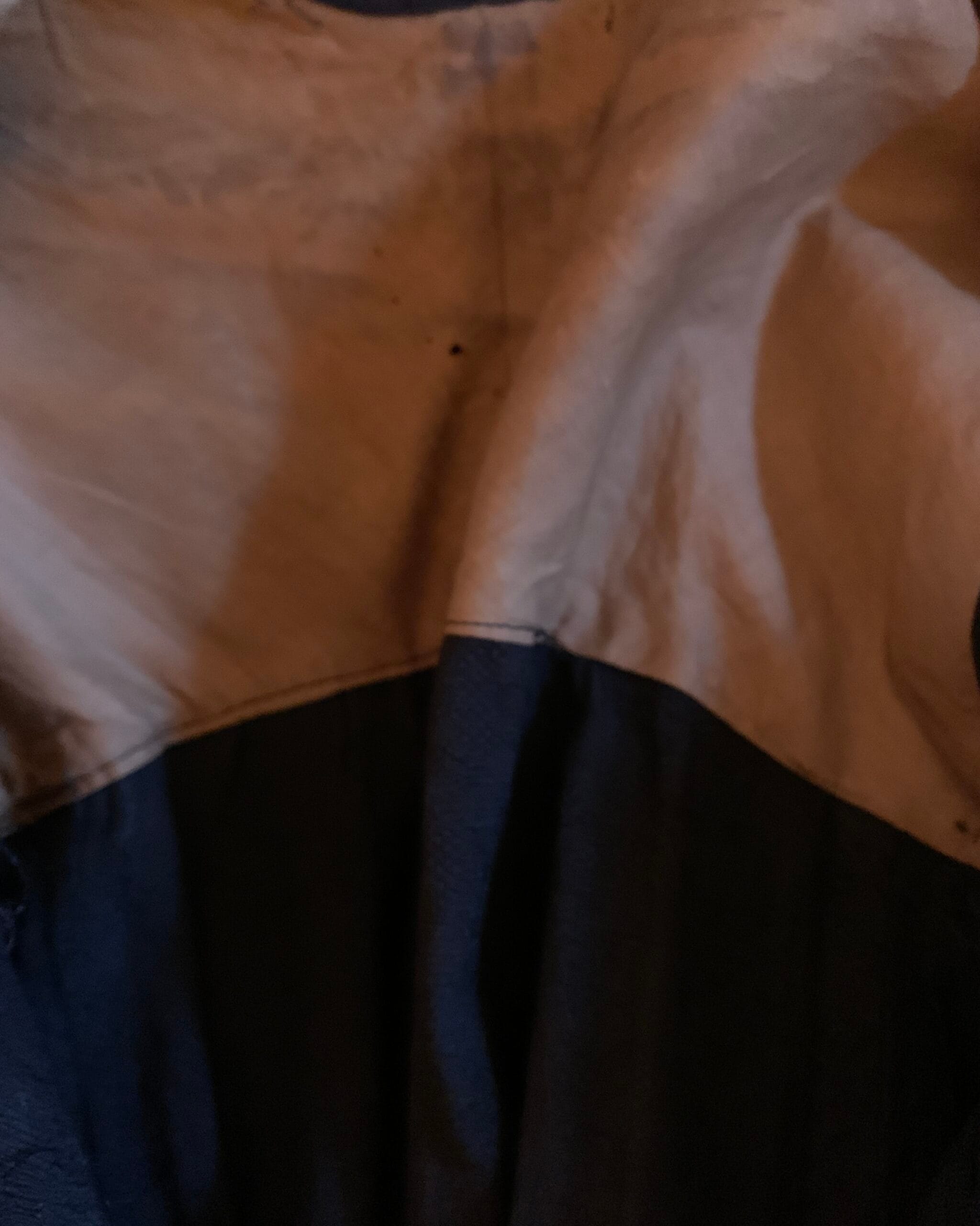 Interior view of the antique dress showing original peach-toned lining, hand-finished construction details, and age-related character.